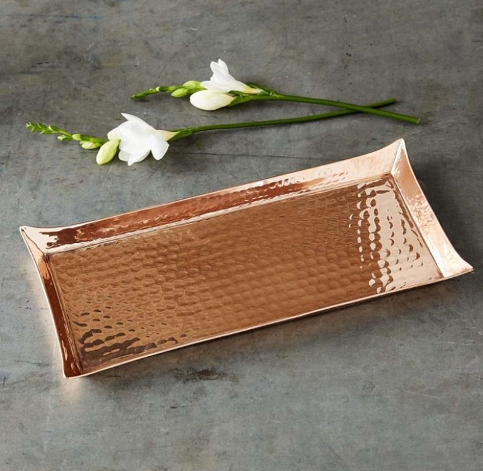 Hammered copper serving tray with flowers