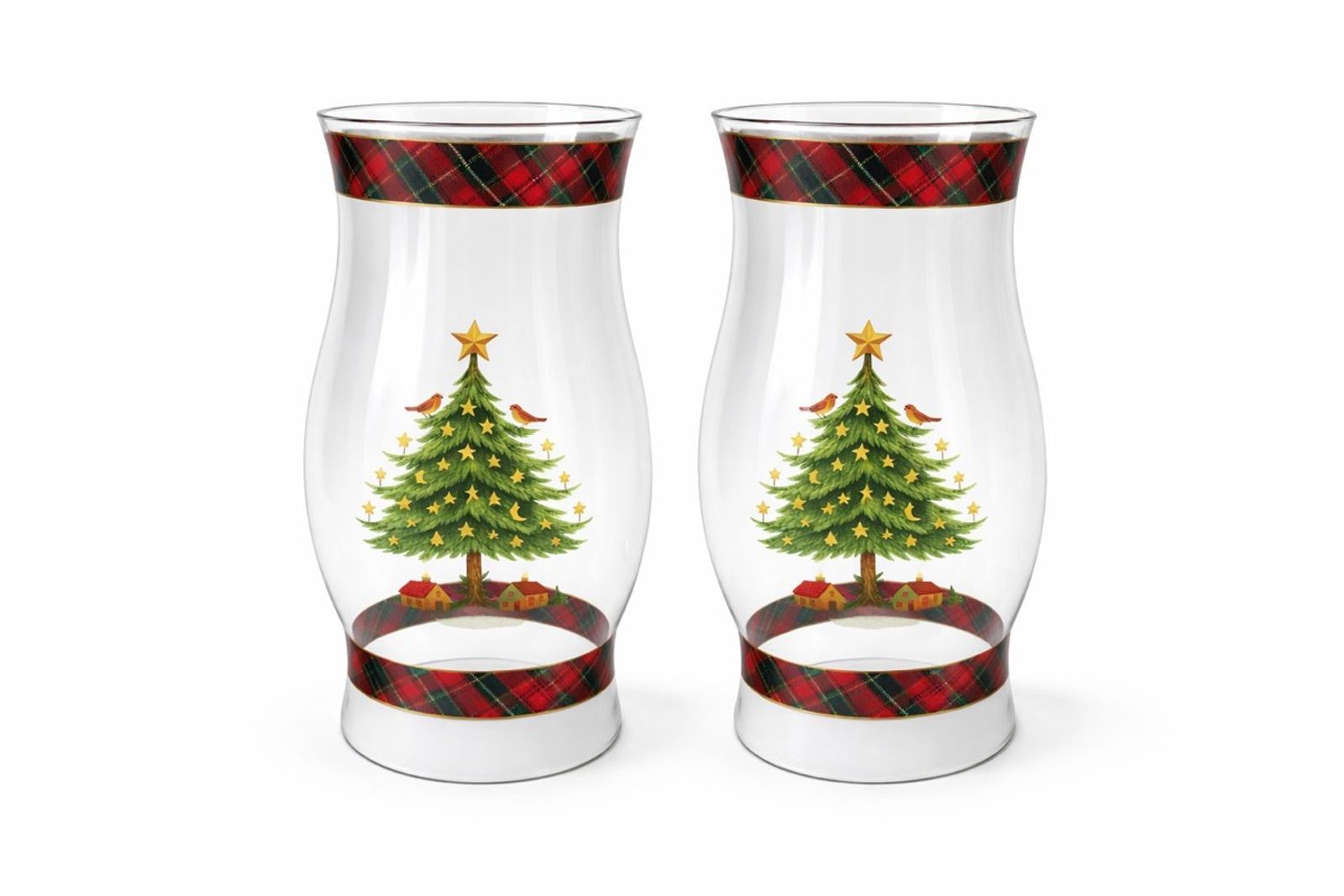 Pair of clear glass hurricanes with a printed Christmas-tree and tartan motif