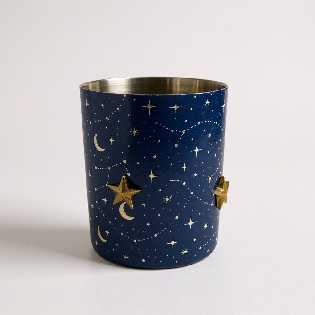 Navy wave-pattern 6.25-inch flask-shaped tumbler with wooden lid