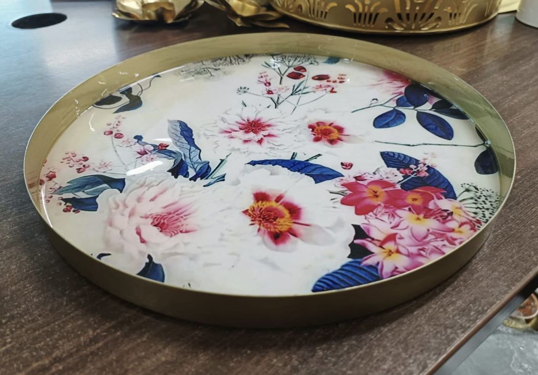 Floral enamel round serving tray