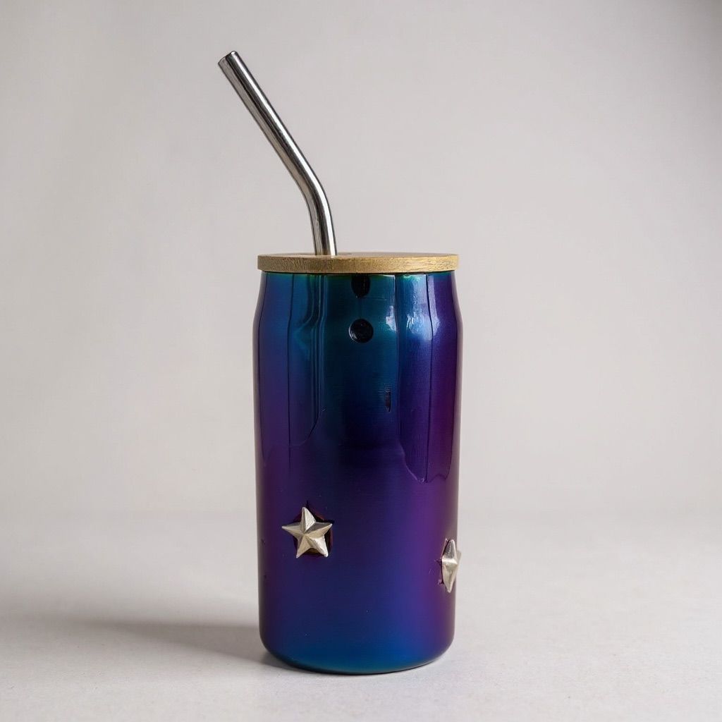 Rainbow-PVD stainless steel 6-inch Icon tumbler with a wooden lid, steel straw and sculpted star motifs