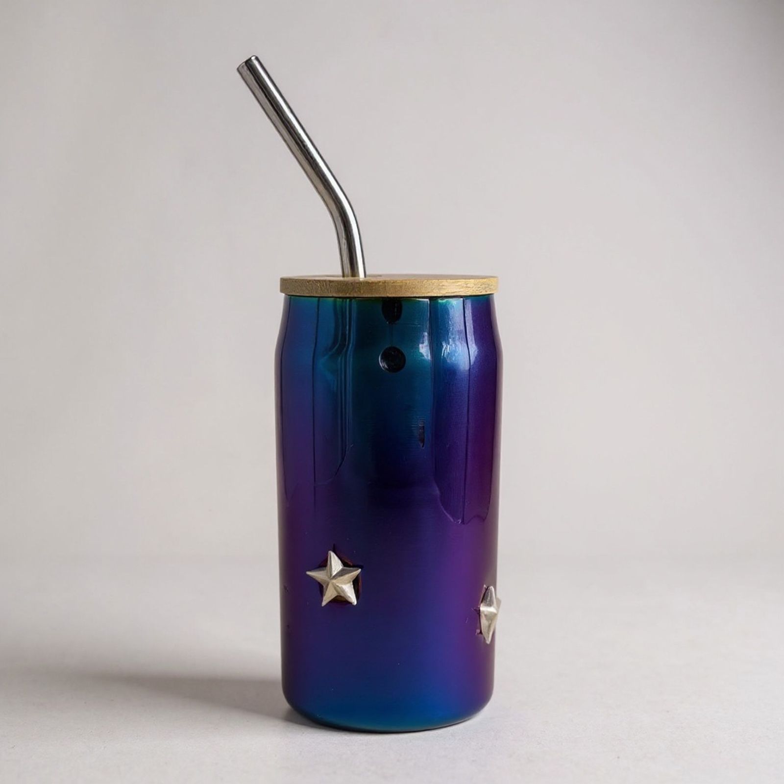Rainbow-PVD stainless steel 6-inch Icon tumbler with a wooden lid, steel straw and sculpted star motifs