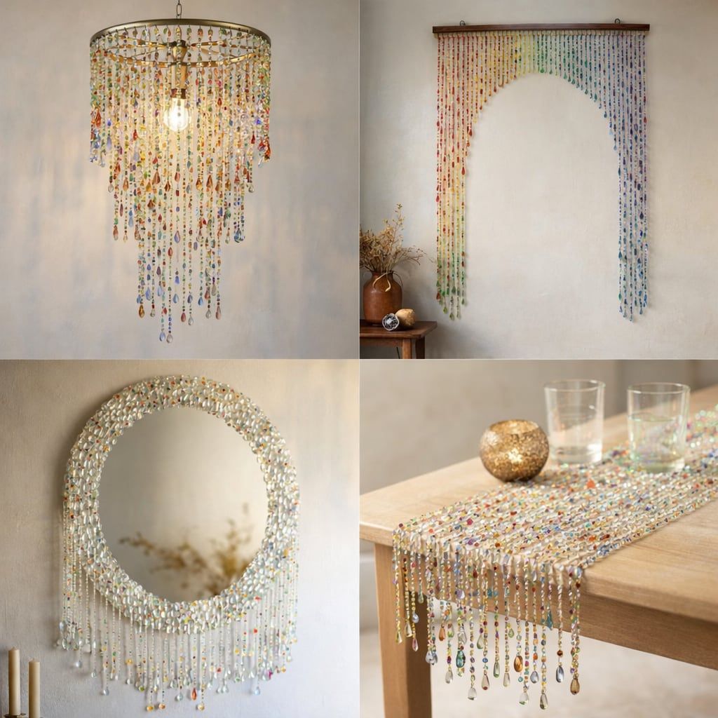 Hand-beaded chandelier, doorway curtain, mirror and table runner styled in an interior