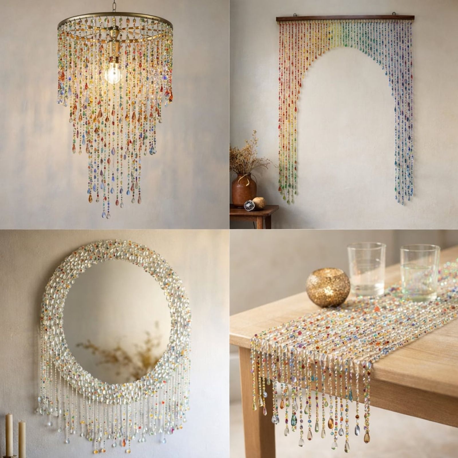 Hand-beaded chandelier, doorway curtain, mirror and table runner styled in an interior