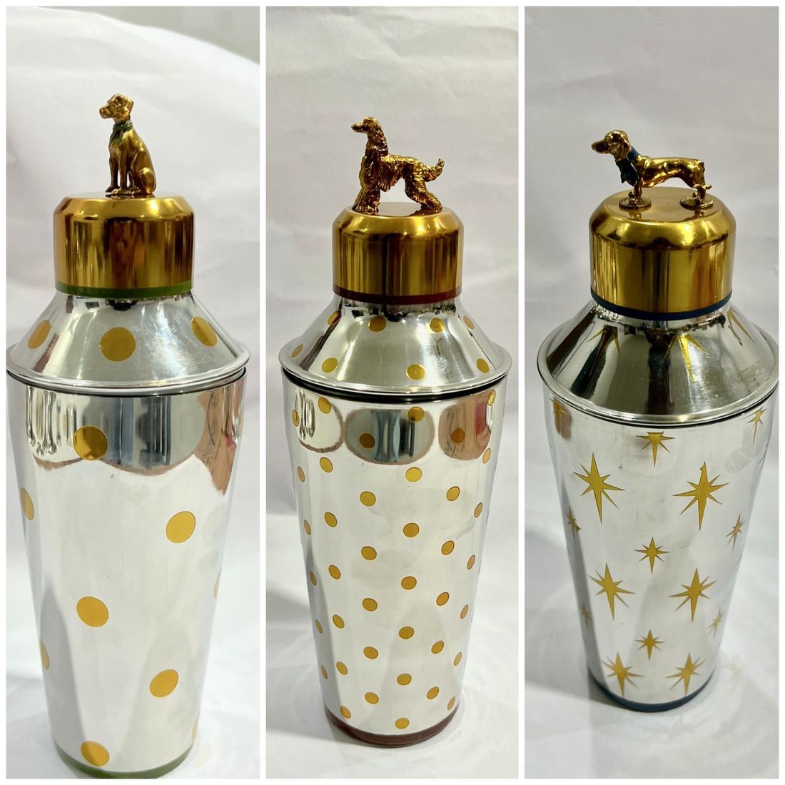 Gold polka-dot cocktail shakers with animal-topped lids