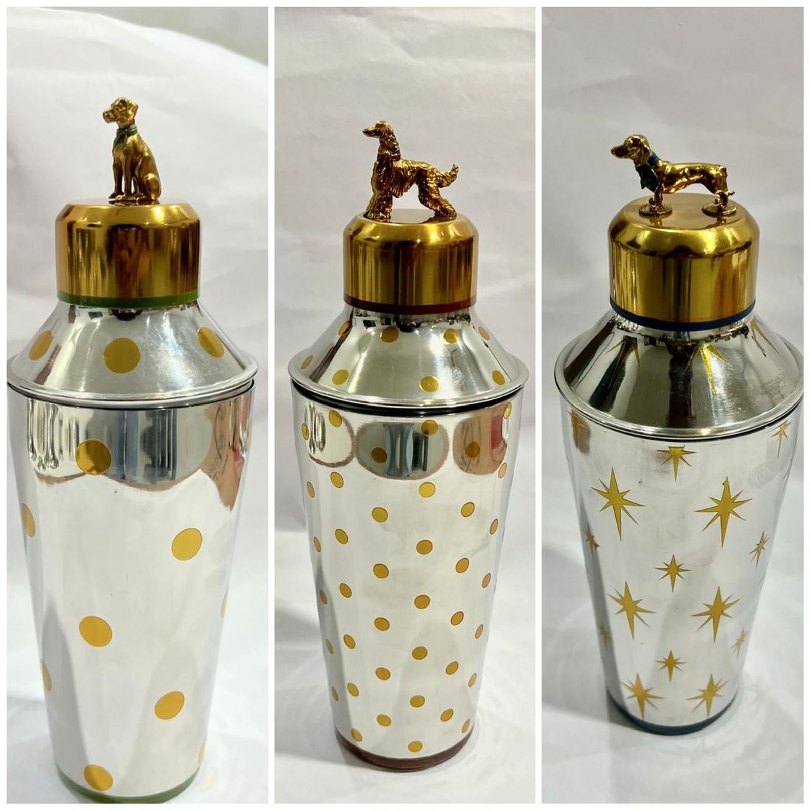 Gold polka-dot cocktail shakers with animal-topped lids