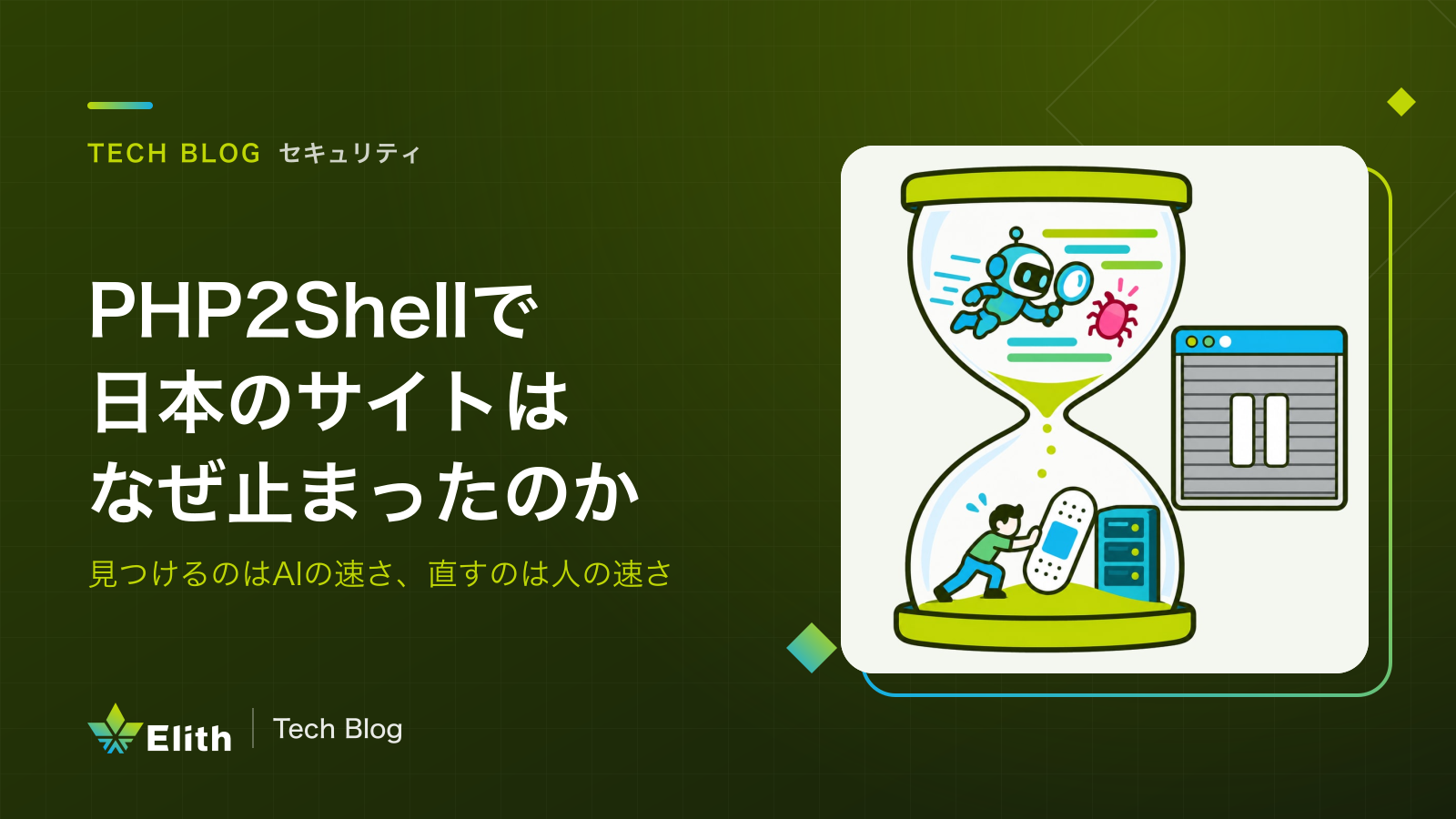 Cover: “Why did Japanese websites stop over PHP2Shell?” in Japanese, and an hourglass where AI finds a bug fast and a person slowly pushes the fix