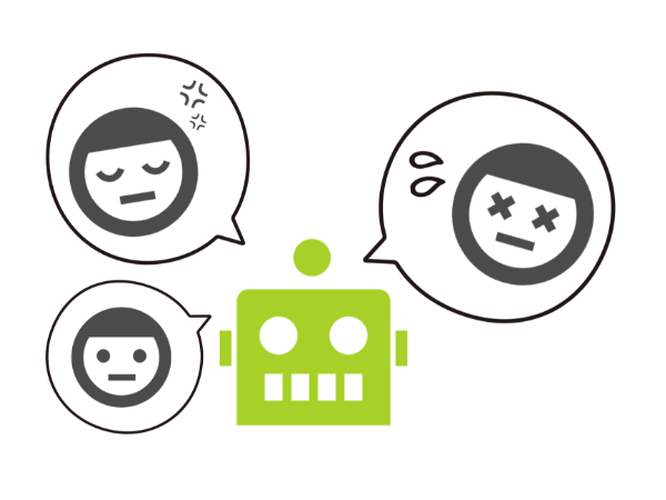 多様な心理状態の人々とロボットが対話をするイメージのイラスト