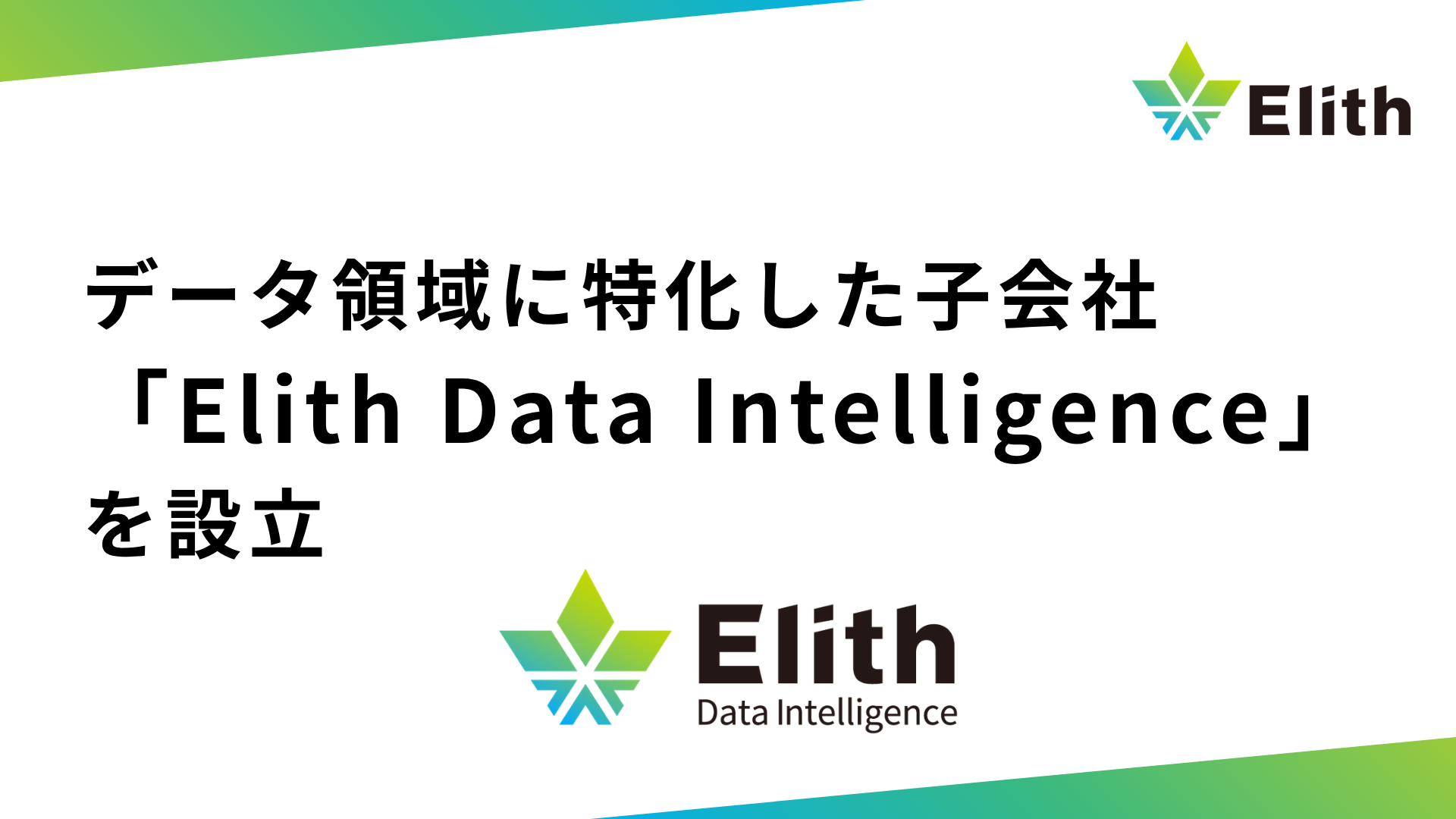 白背景にElithのロゴが上下にあり、「データ領域に特化した子会社『Elith Data Intelligence』を設立」という大きな日本語見出しが表示された告知スライド