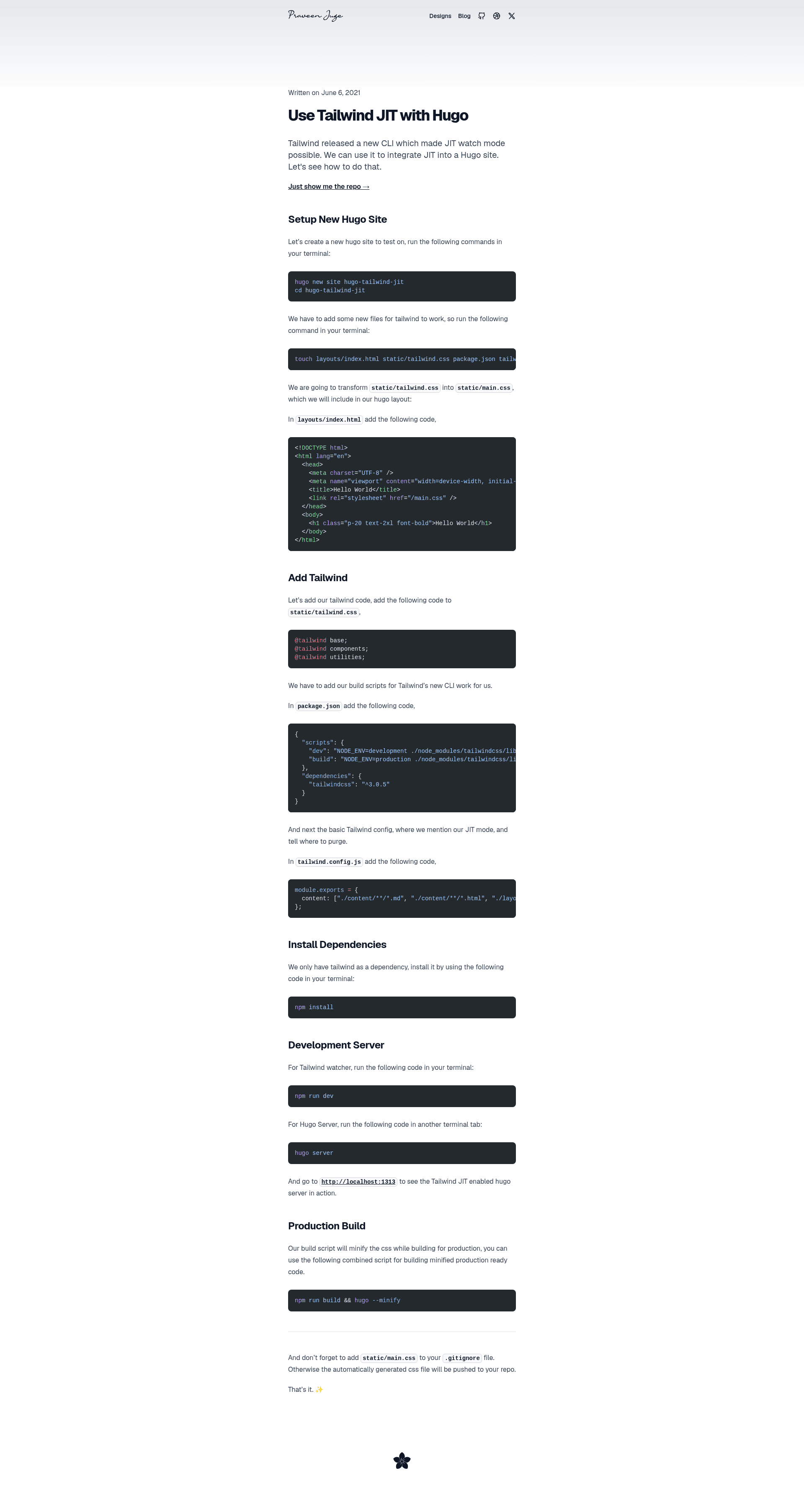 screenshot of Hugo Tailwind JIT on template0.com