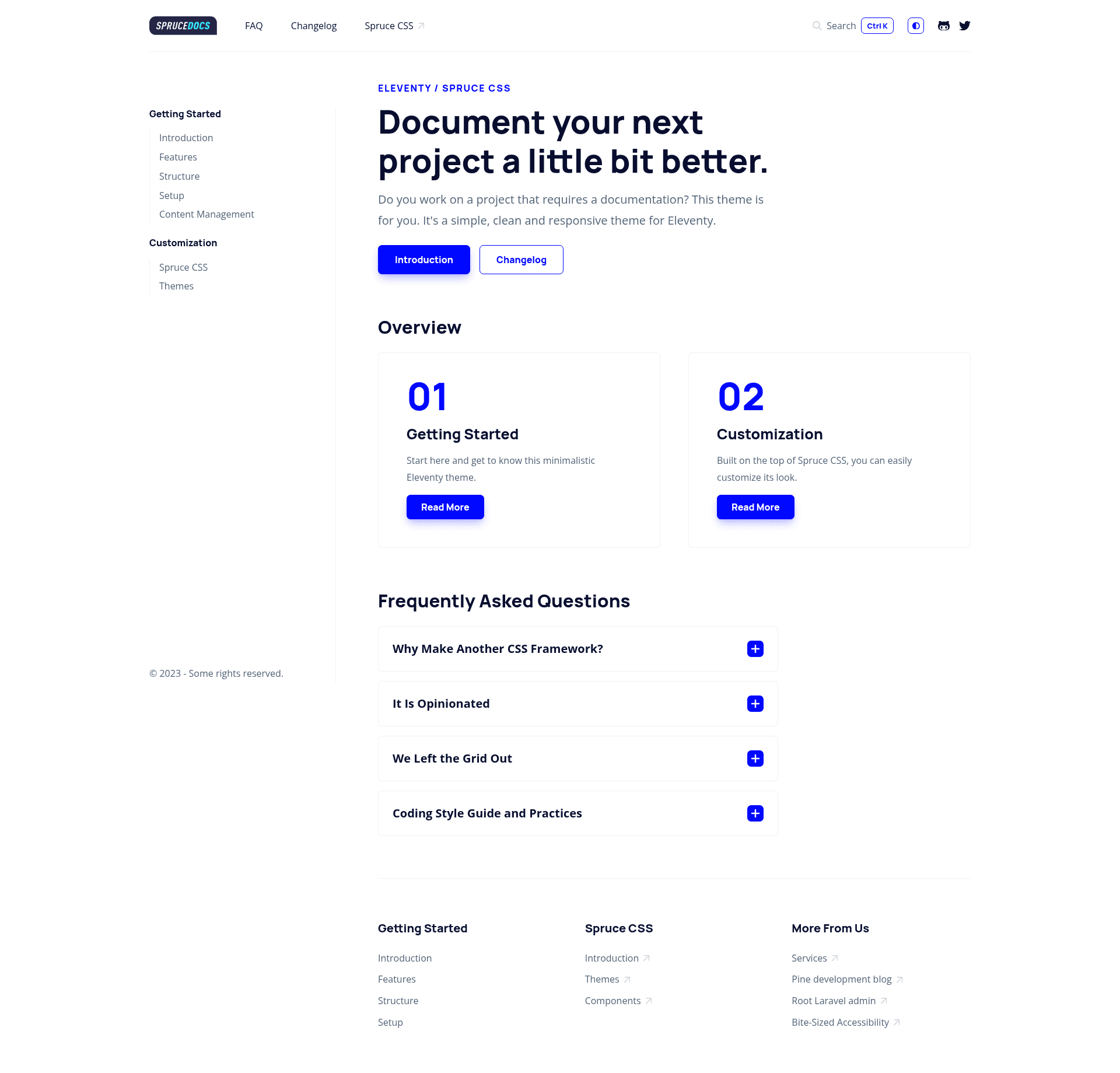 screenshot of Sprucecss Eleventy Documentation Template on template0.com