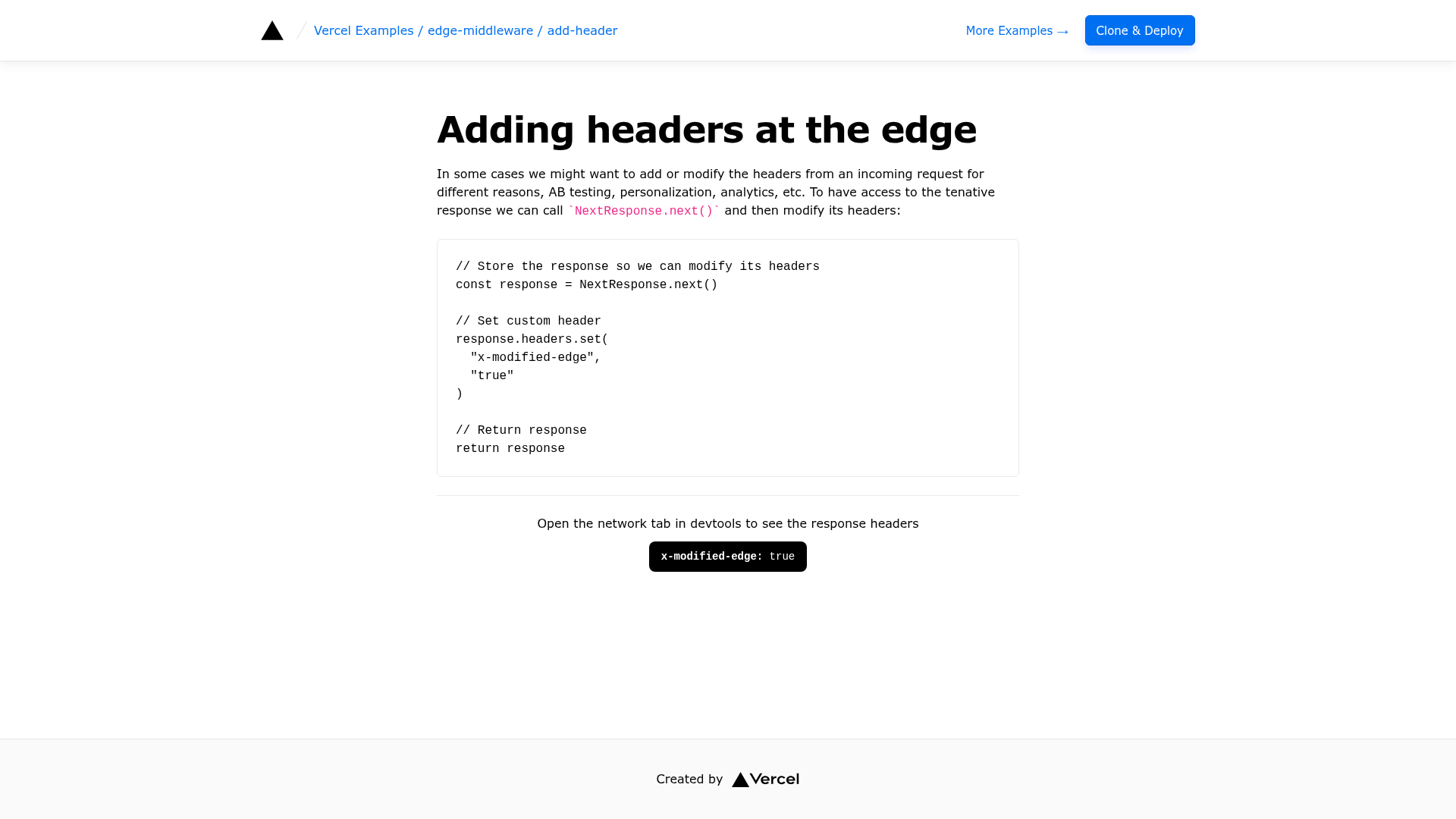 screenshot of Adding Response Headers in Edge Middleware on template0.com