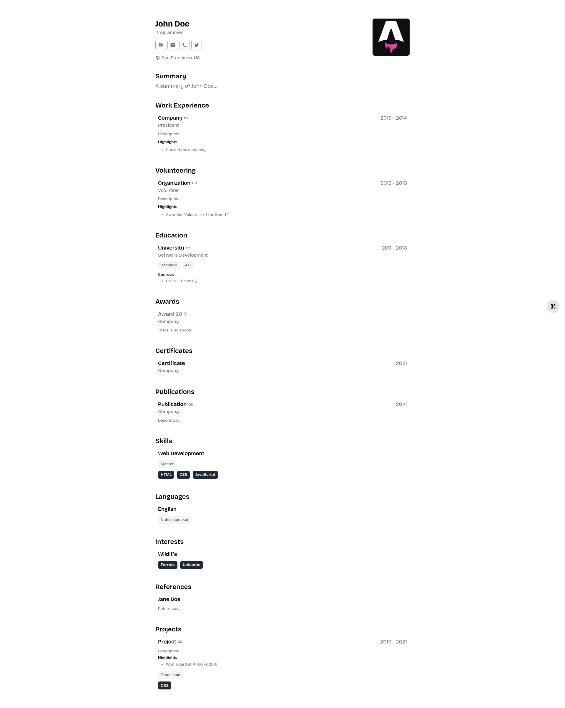 screenshot of Minimalist Astro CV on template0.com