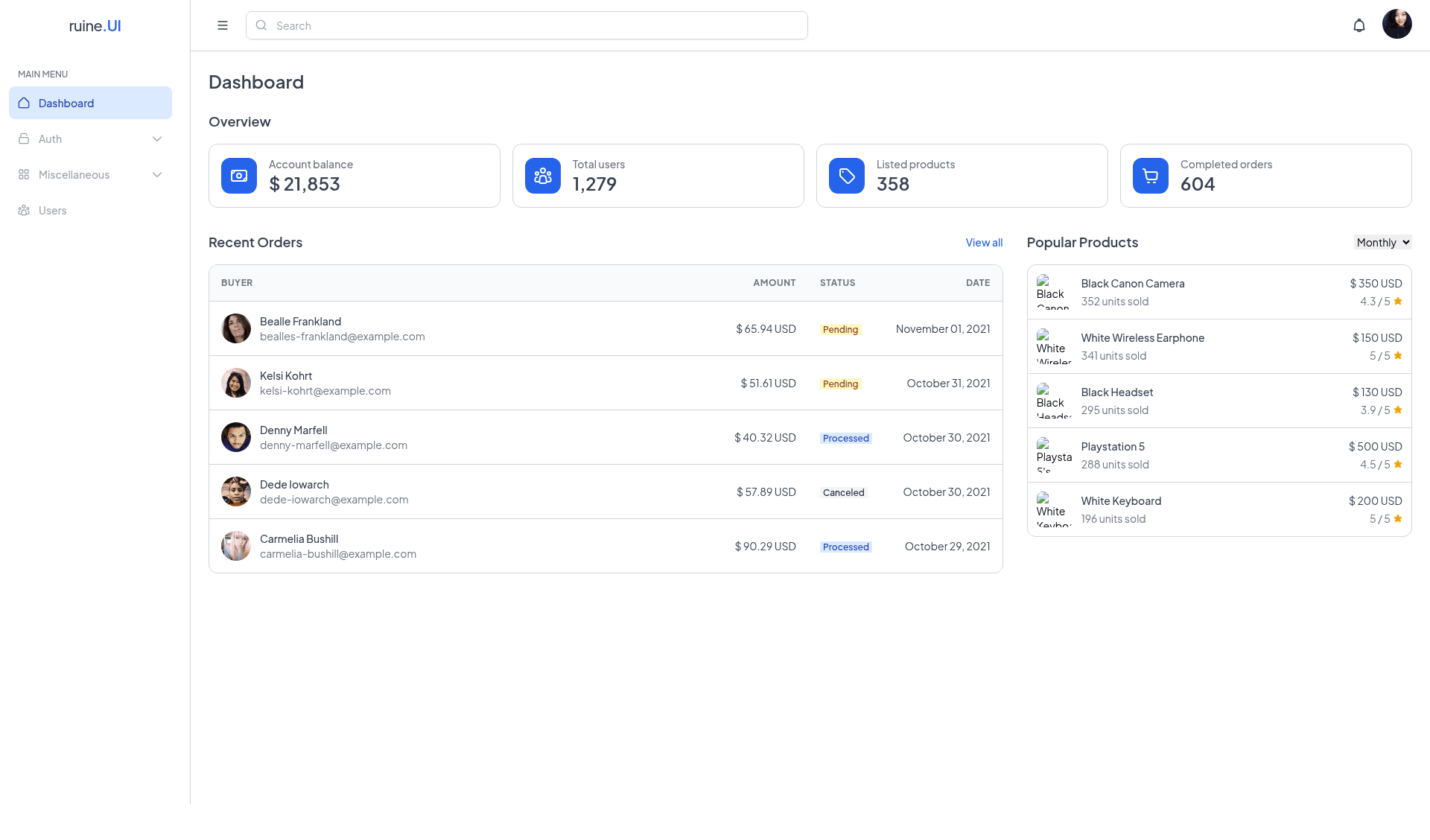 screenshot of Ruine UI Dashboard on template0.com