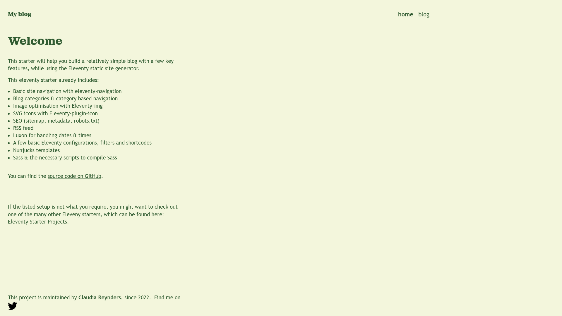 screenshot of Eleventy Not So Minimal Blog Starter on template0.com