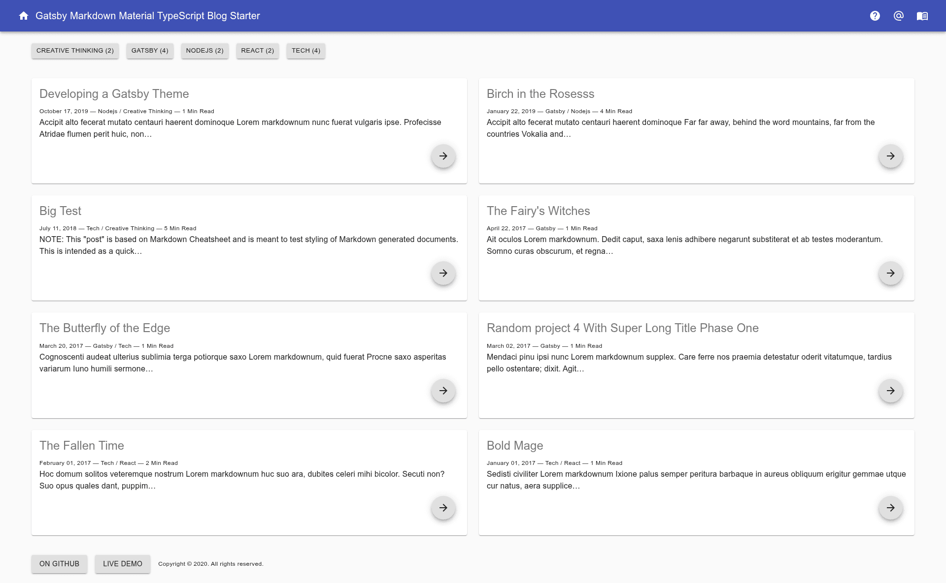 screenshot of Gatsby Markdown Material TypeScript Blog Starter on template0.com