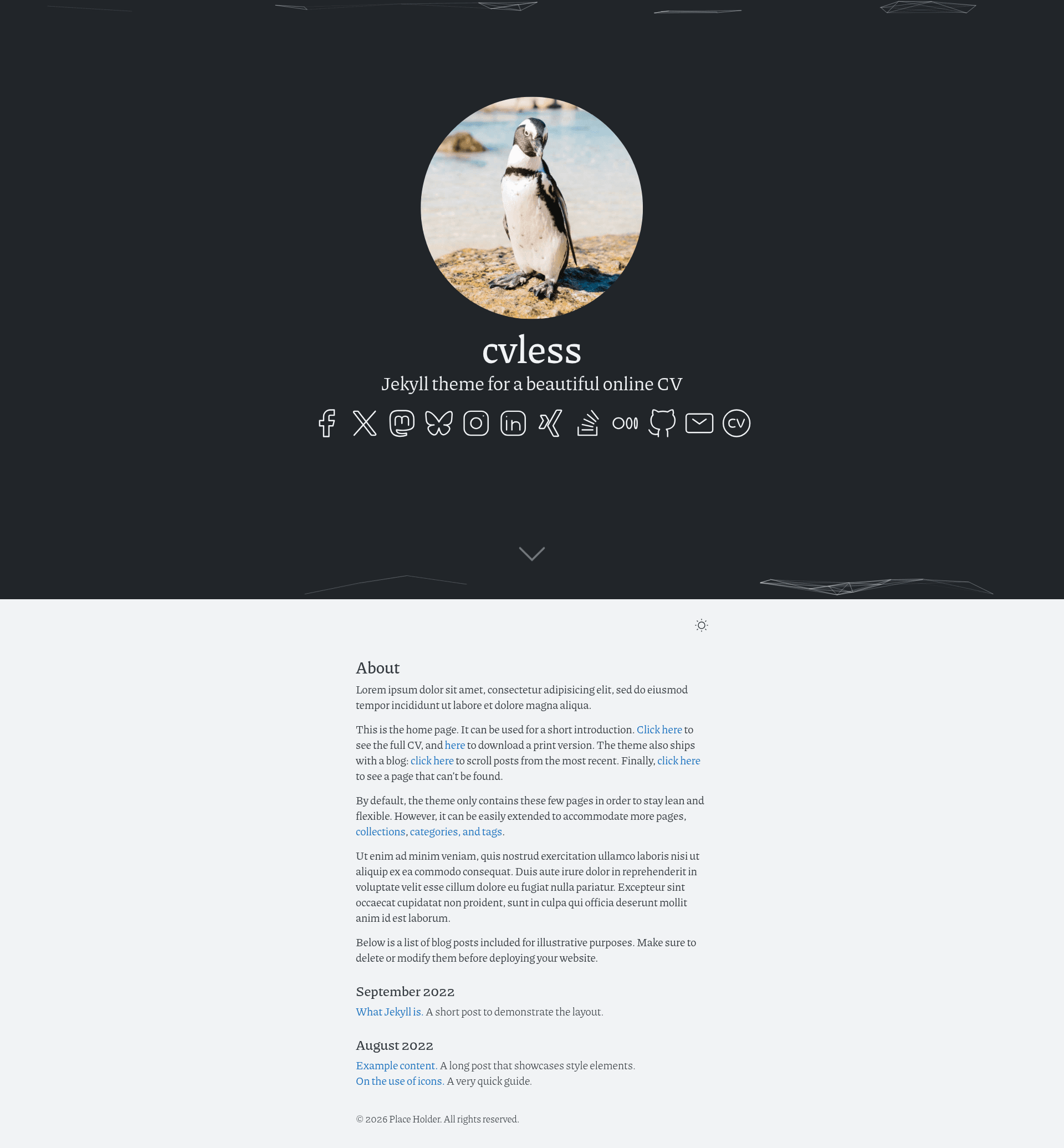 screenshot of Cvless on template0.com