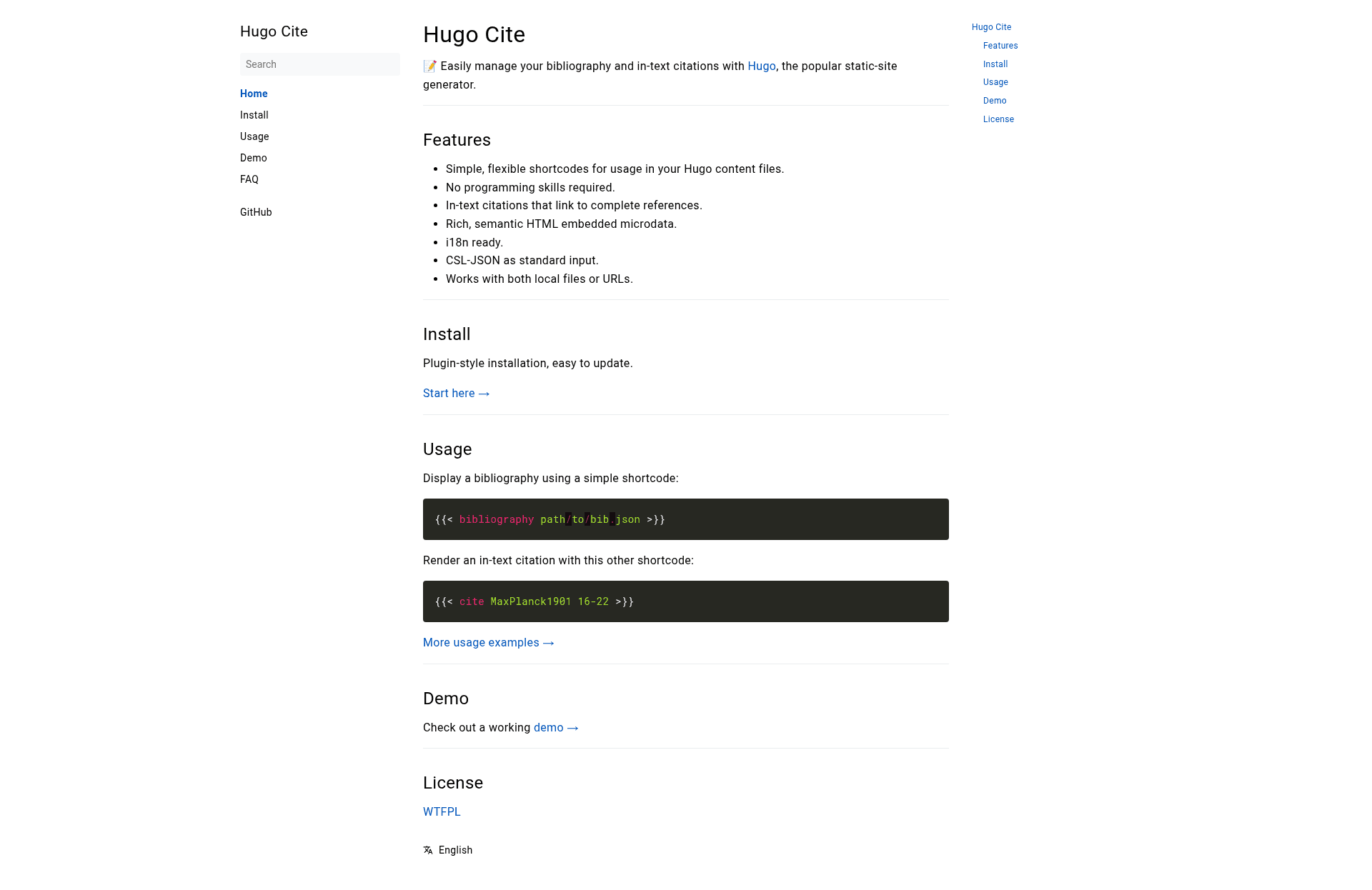screenshot of Hugo Cite on template0.com