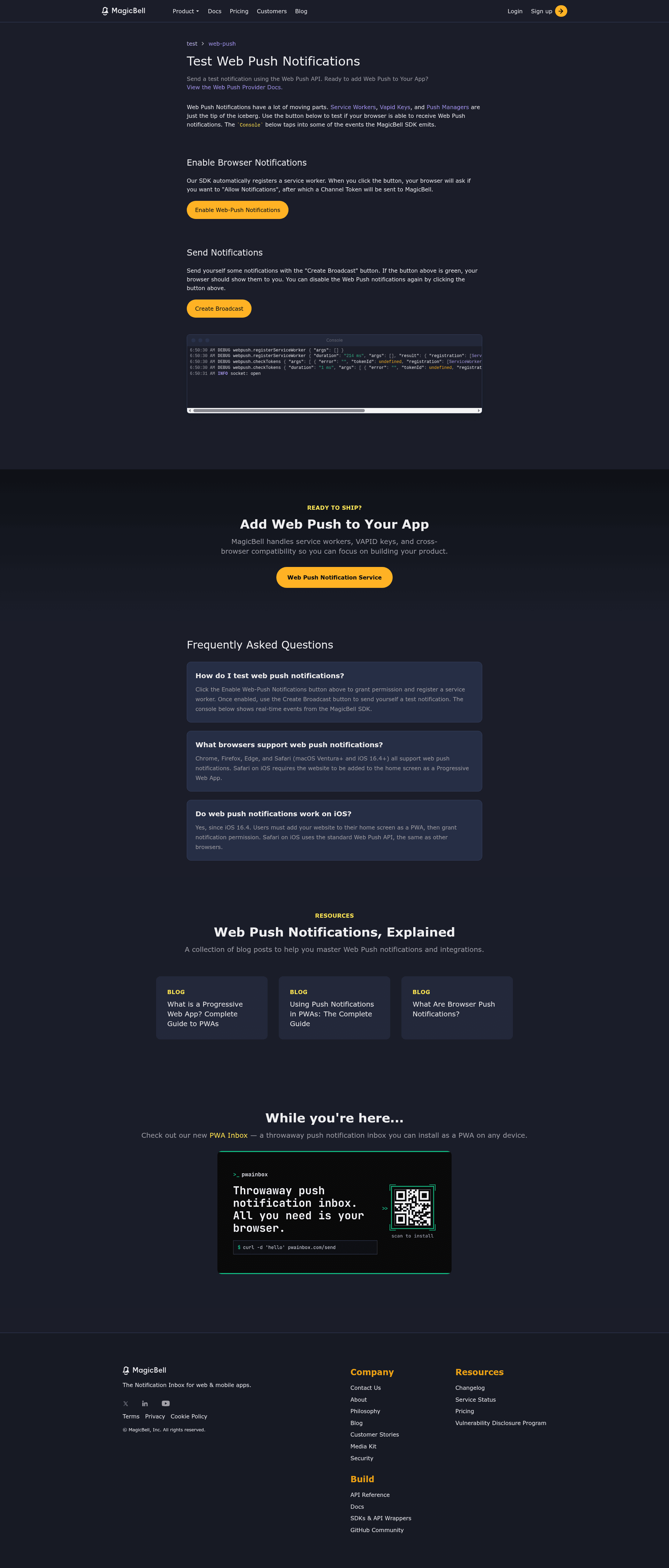 screenshot of WebPush Test on template0.com