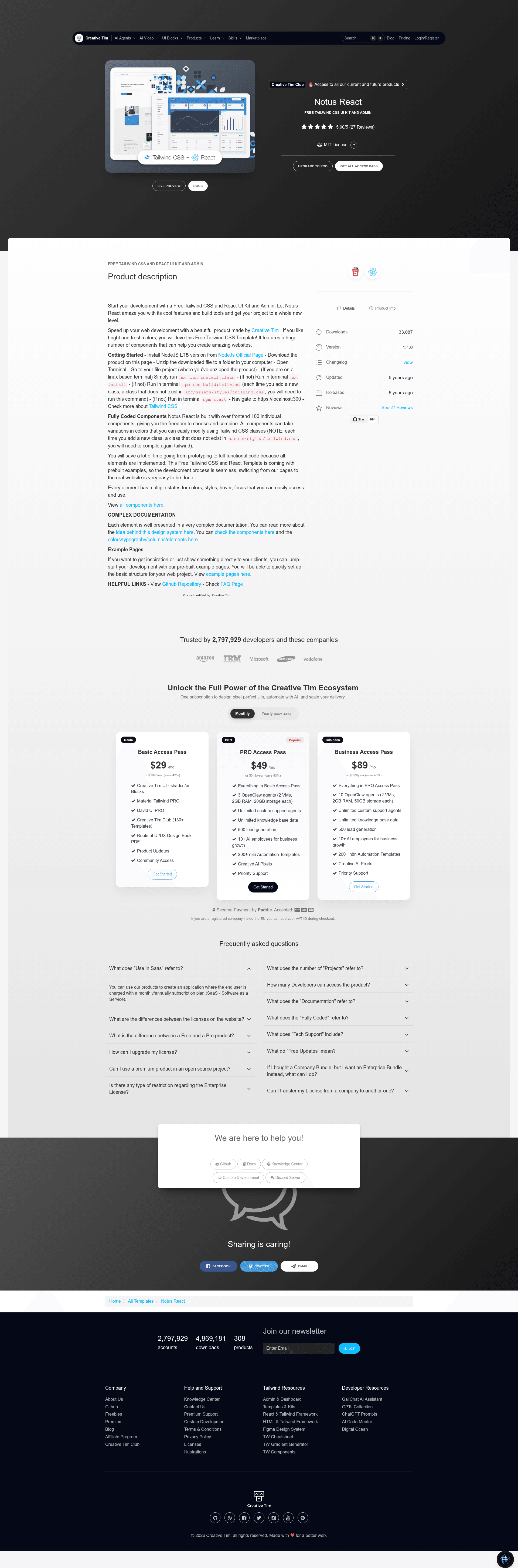 screenshot of Notus React on template0.com
