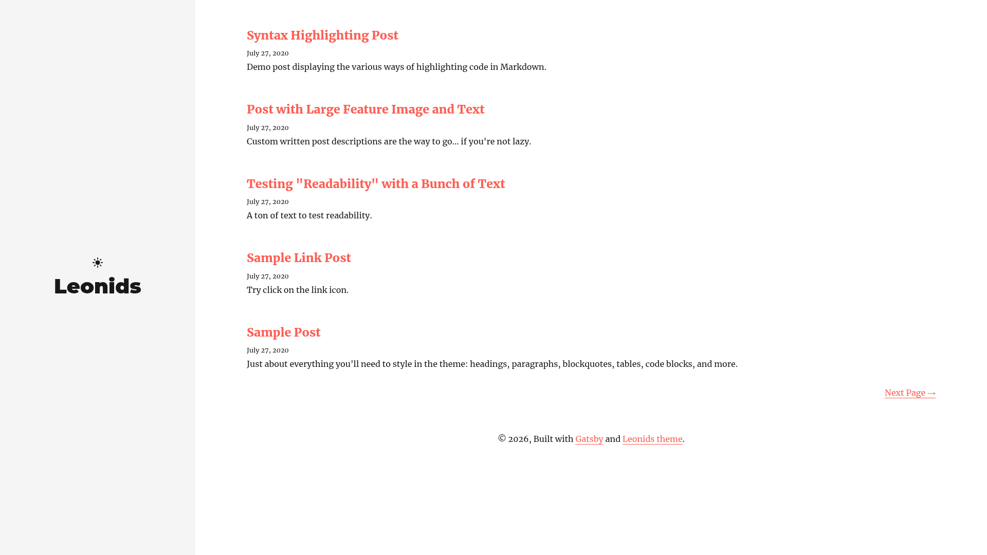 screenshot of Leonids Gatsby starter on template0.com