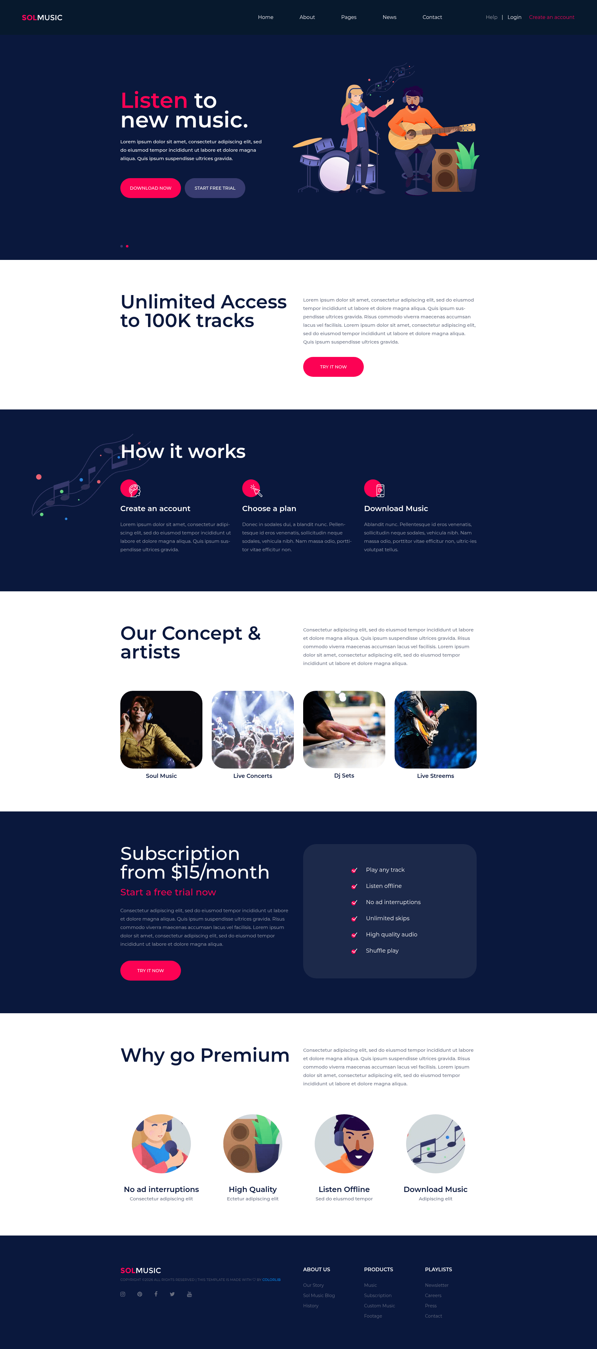 screenshot of Solmusic – Free Bootstrap 4 Music Template on template0.com