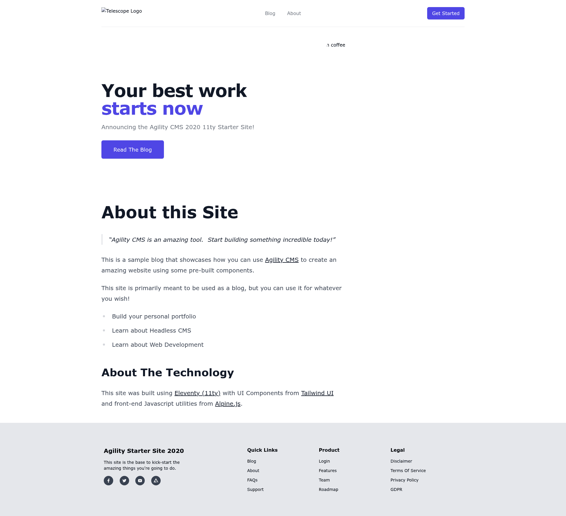 screenshot of Agility CMS Eleventy Starter on template0.com