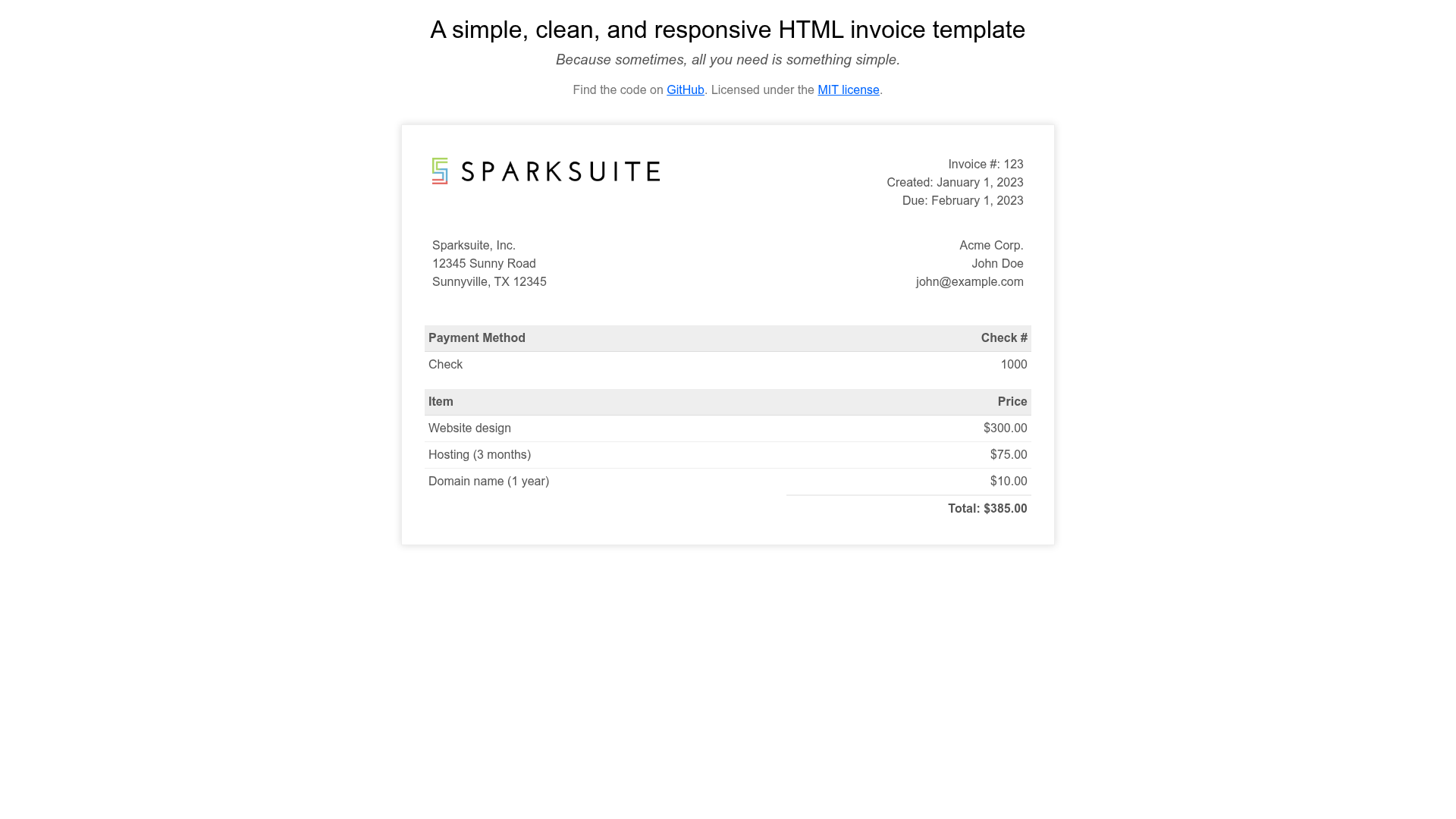 screenshot of Simple HTML Invoice Template on template0.com