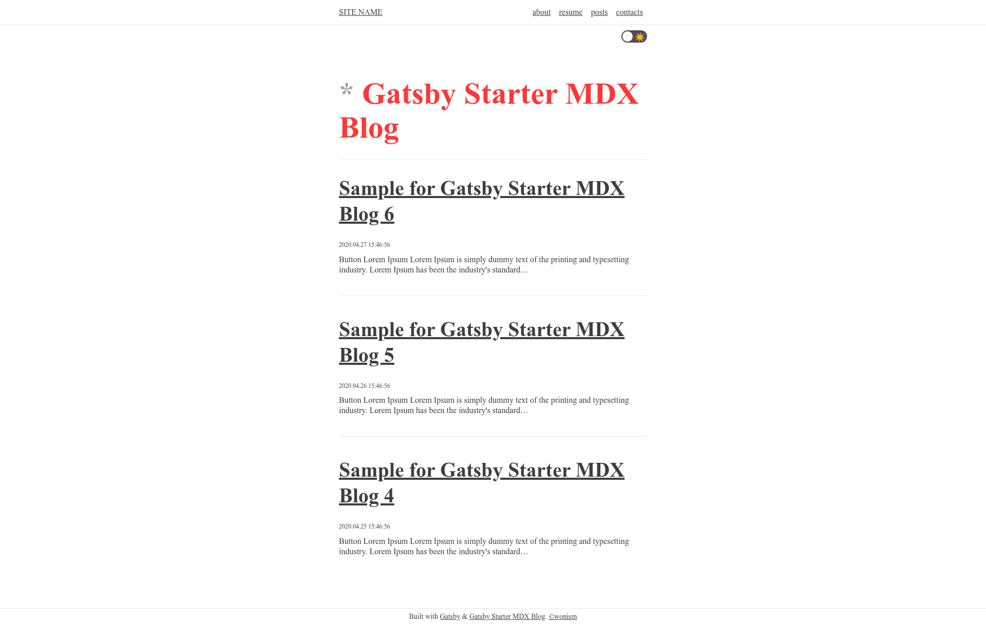 screenshot of Gatsby Starter MDX Blog on template0.com
