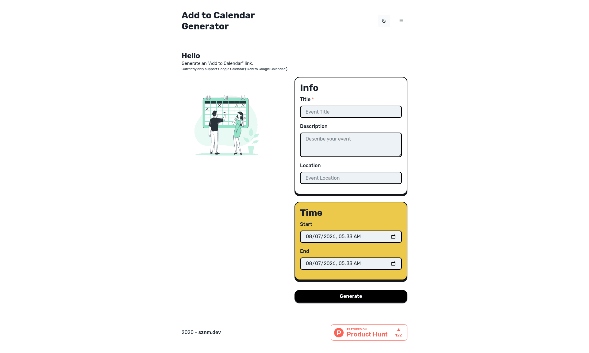 screenshot of Add to Calendar Generator on template0.com