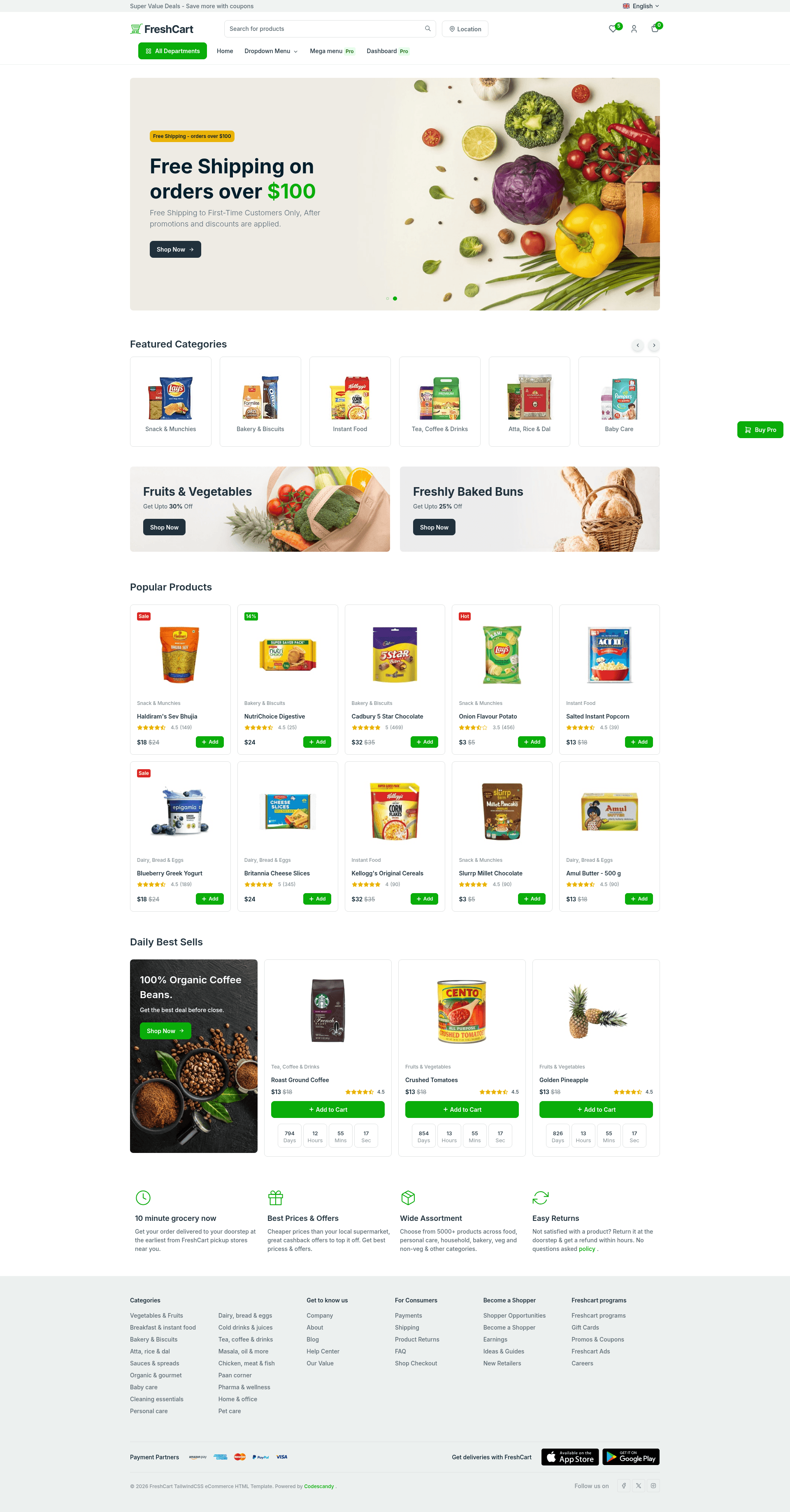 screenshot of Freshcart Tailwind Ecommerce HTML Template on template0.com