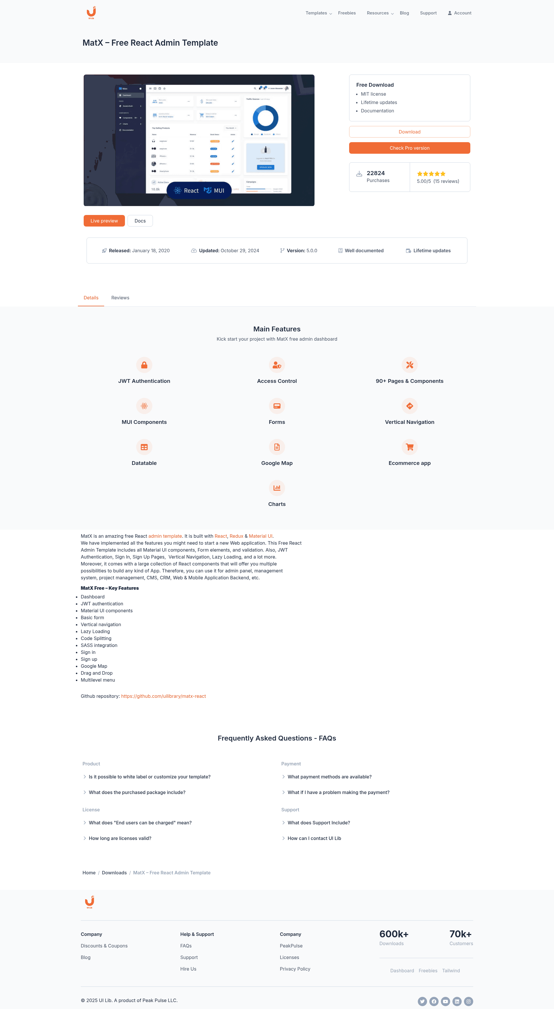 screenshot of Matx React on template0.com
