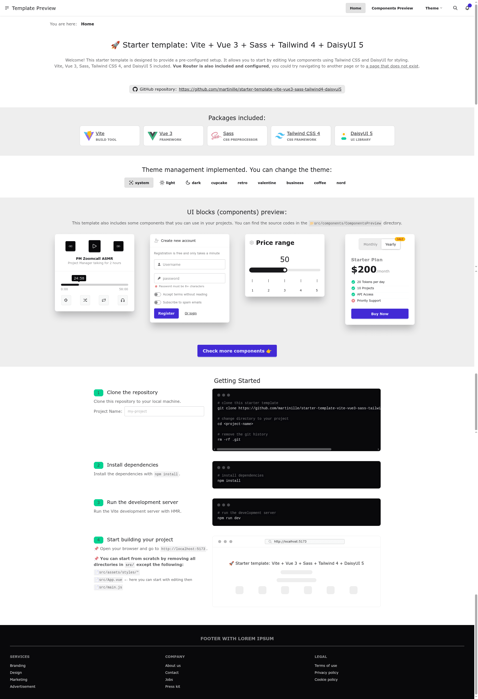 screenshot of Vite + Vue 3 + Sass + Tailwind 4 + DaisyUI 5 Starter on template0.com