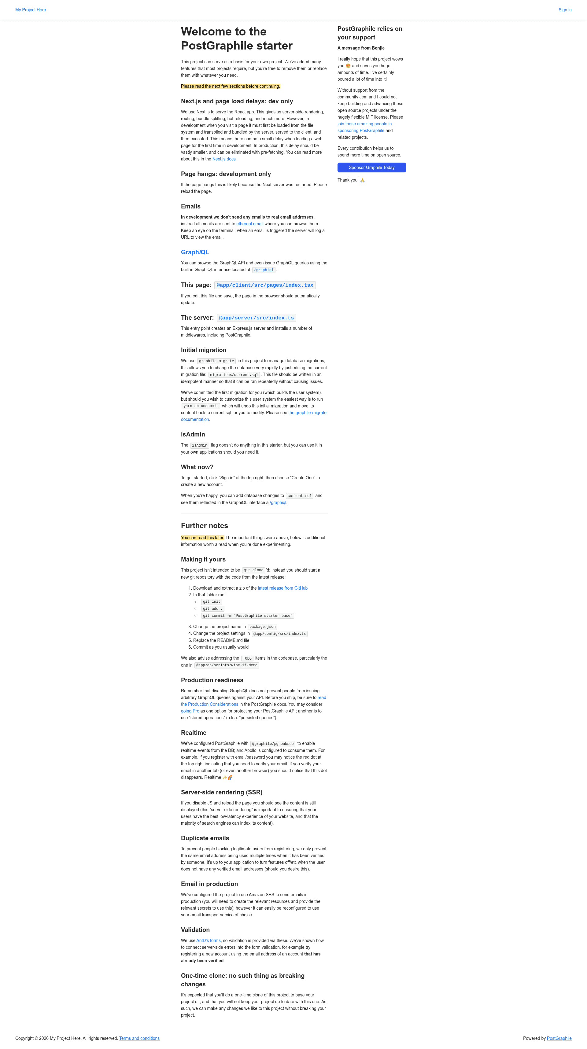 screenshot of Graphile Starter on template0.com