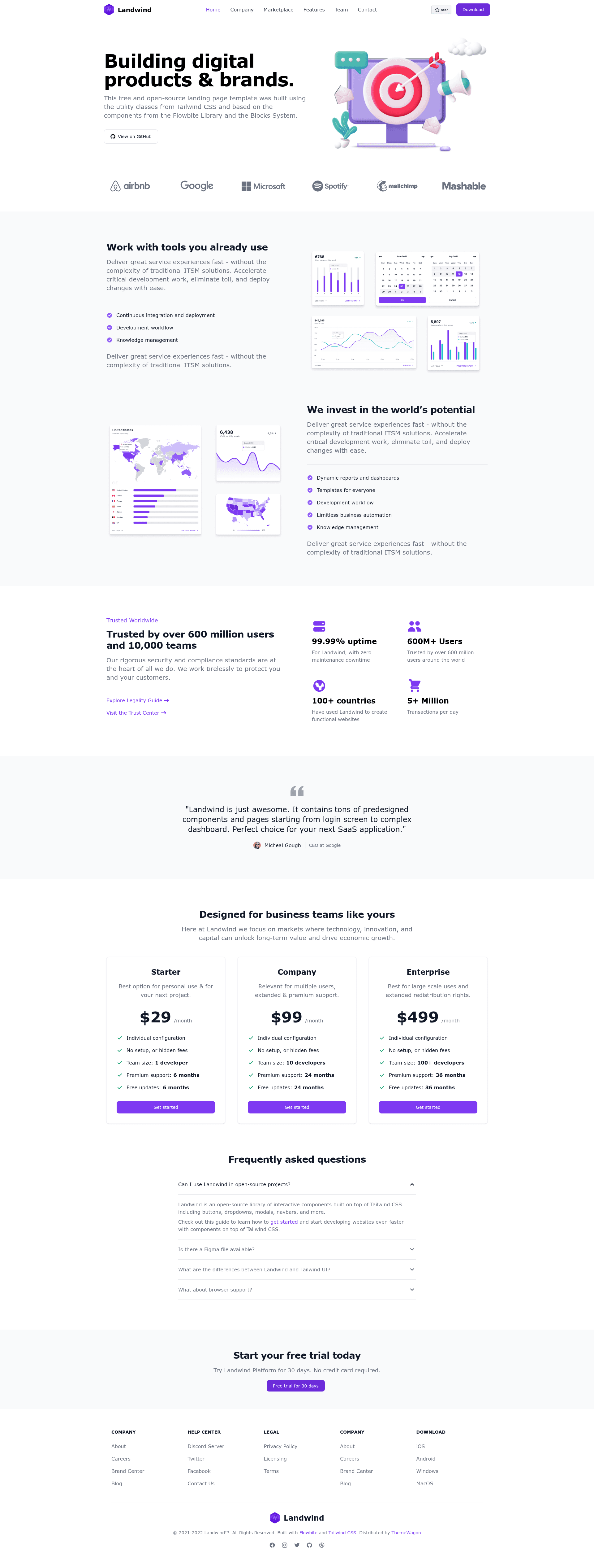 screenshot of Landwind – Free Responsive TailwindCSS Landing Page Template on template0.com