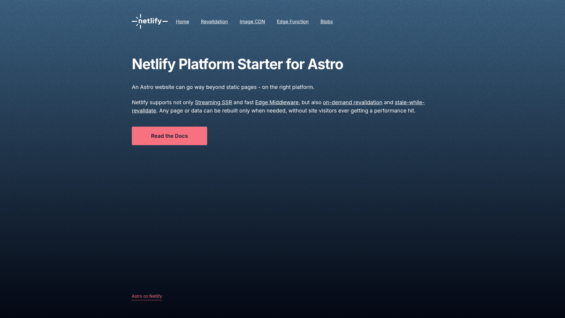screenshot of Astro on Netlify Platform Starter on template0.com