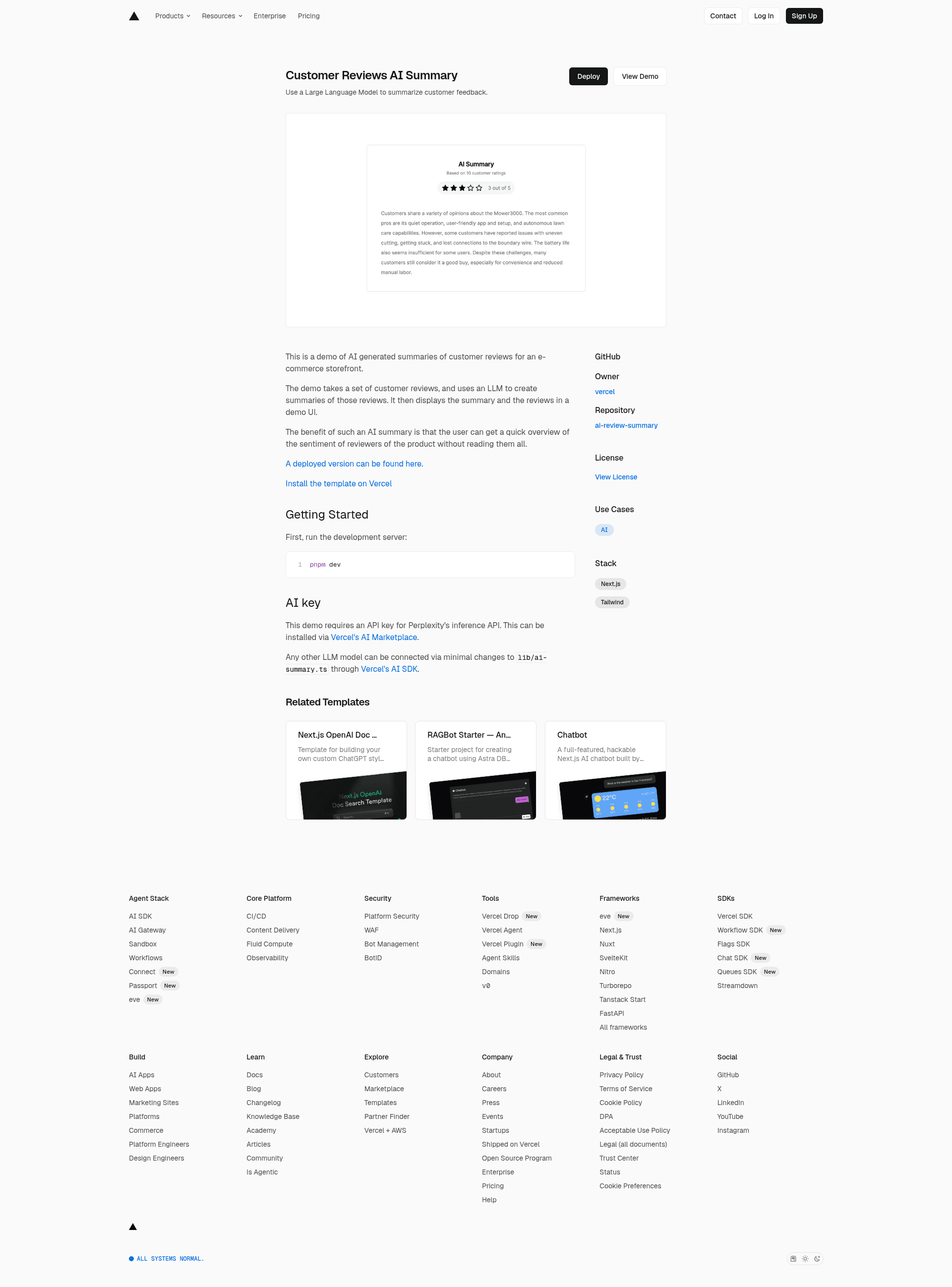 screenshot of Customer Reviews AI Summary on template0.com