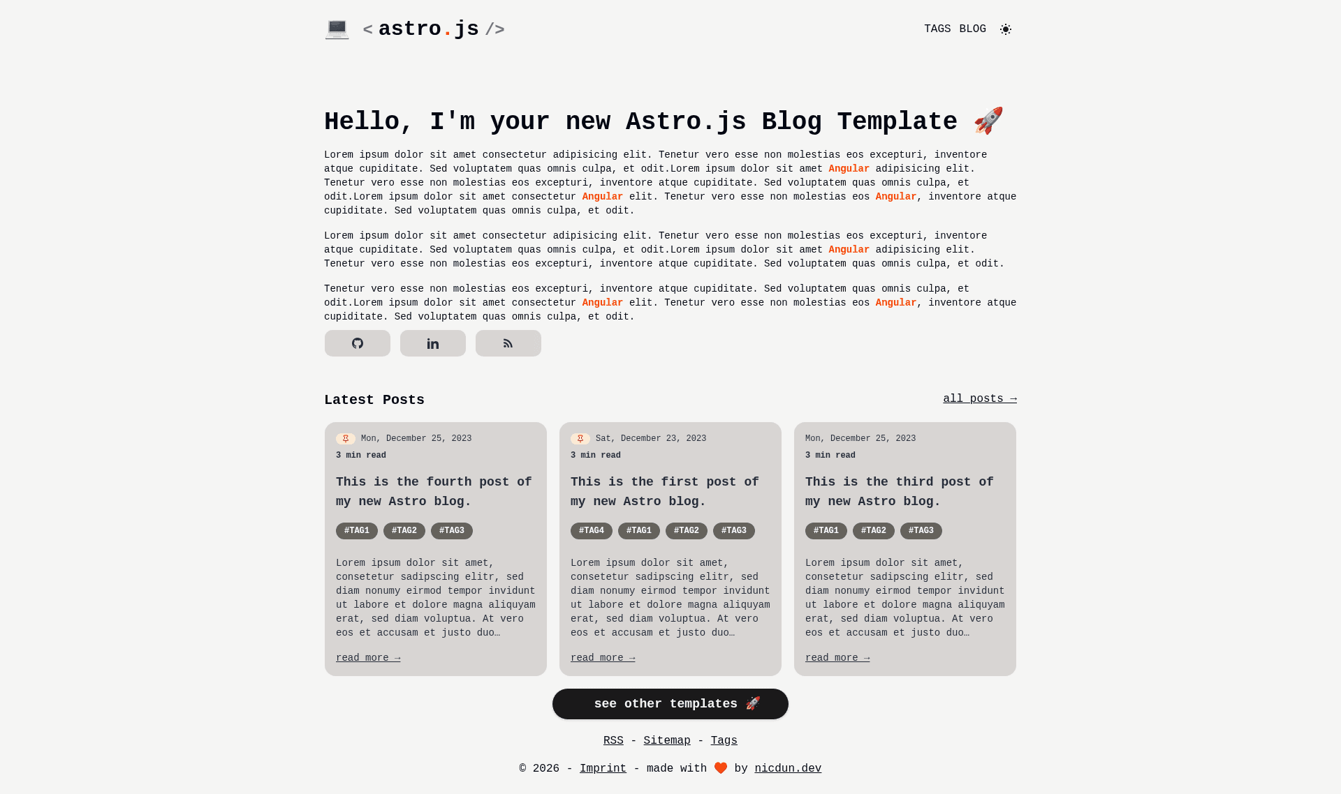 screenshot of Astro Blog on template0.com