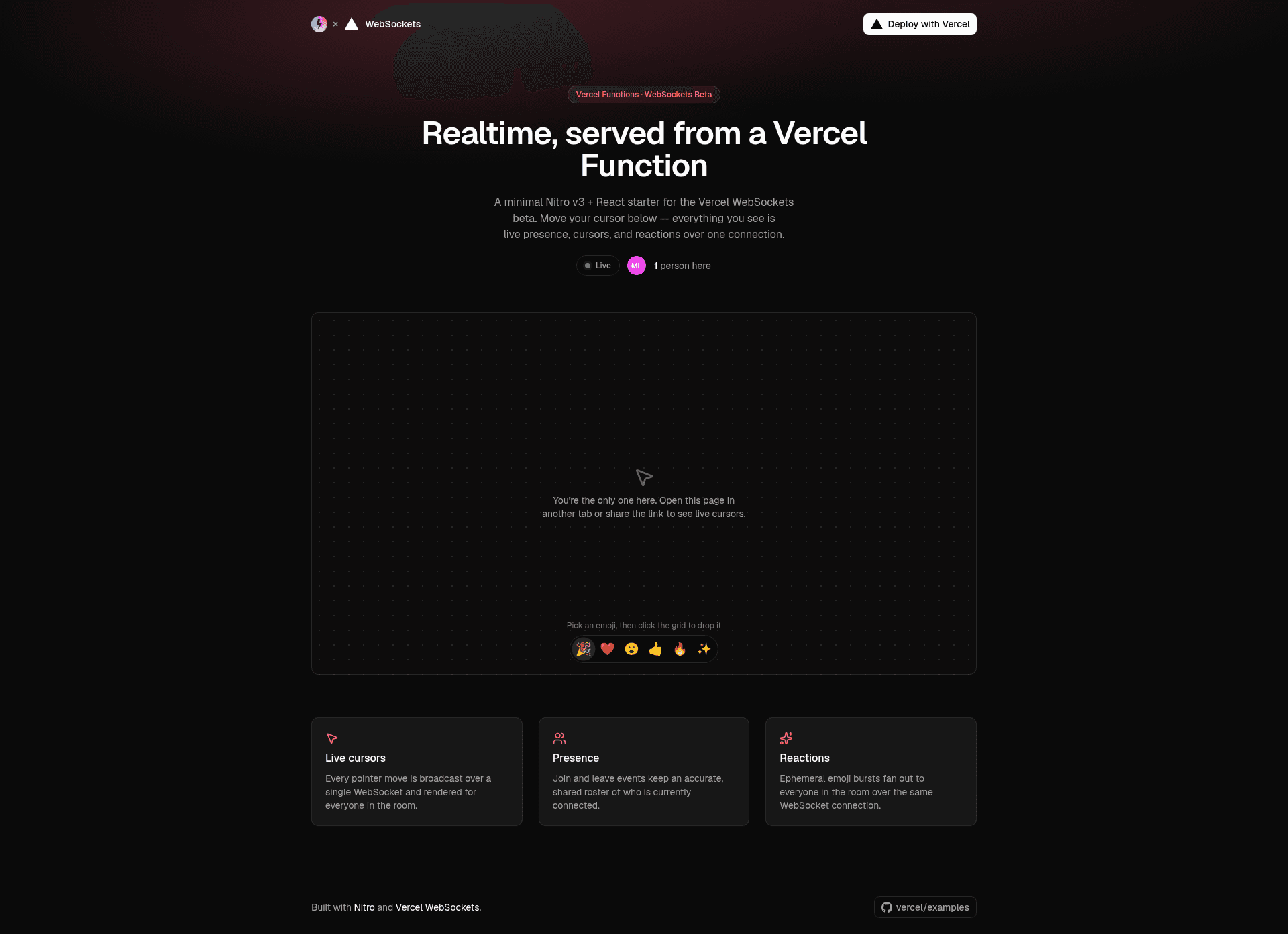 screenshot of Nitro + WebSockets Starter on template0.com