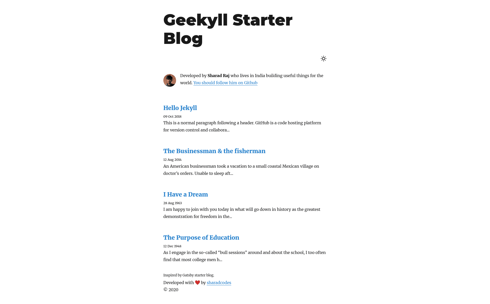 screenshot of Geekyll Starter Blog on template0.com