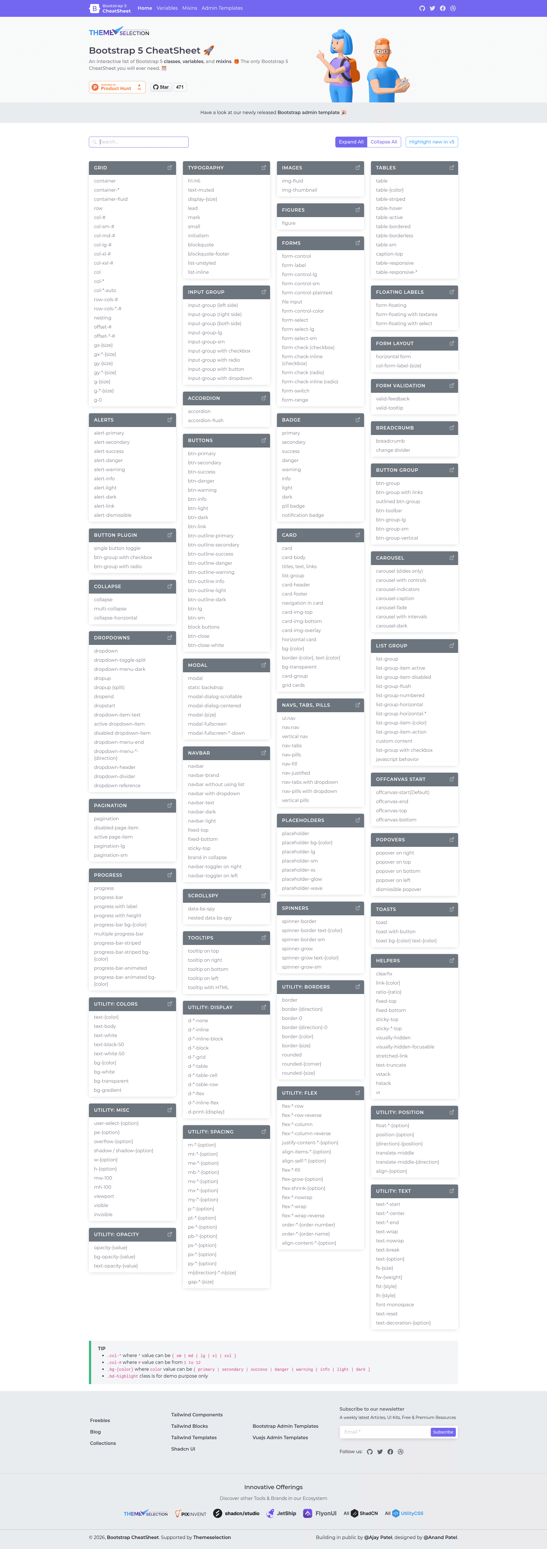 screenshot of Bootstrap 5 CheatSheet on template0.com