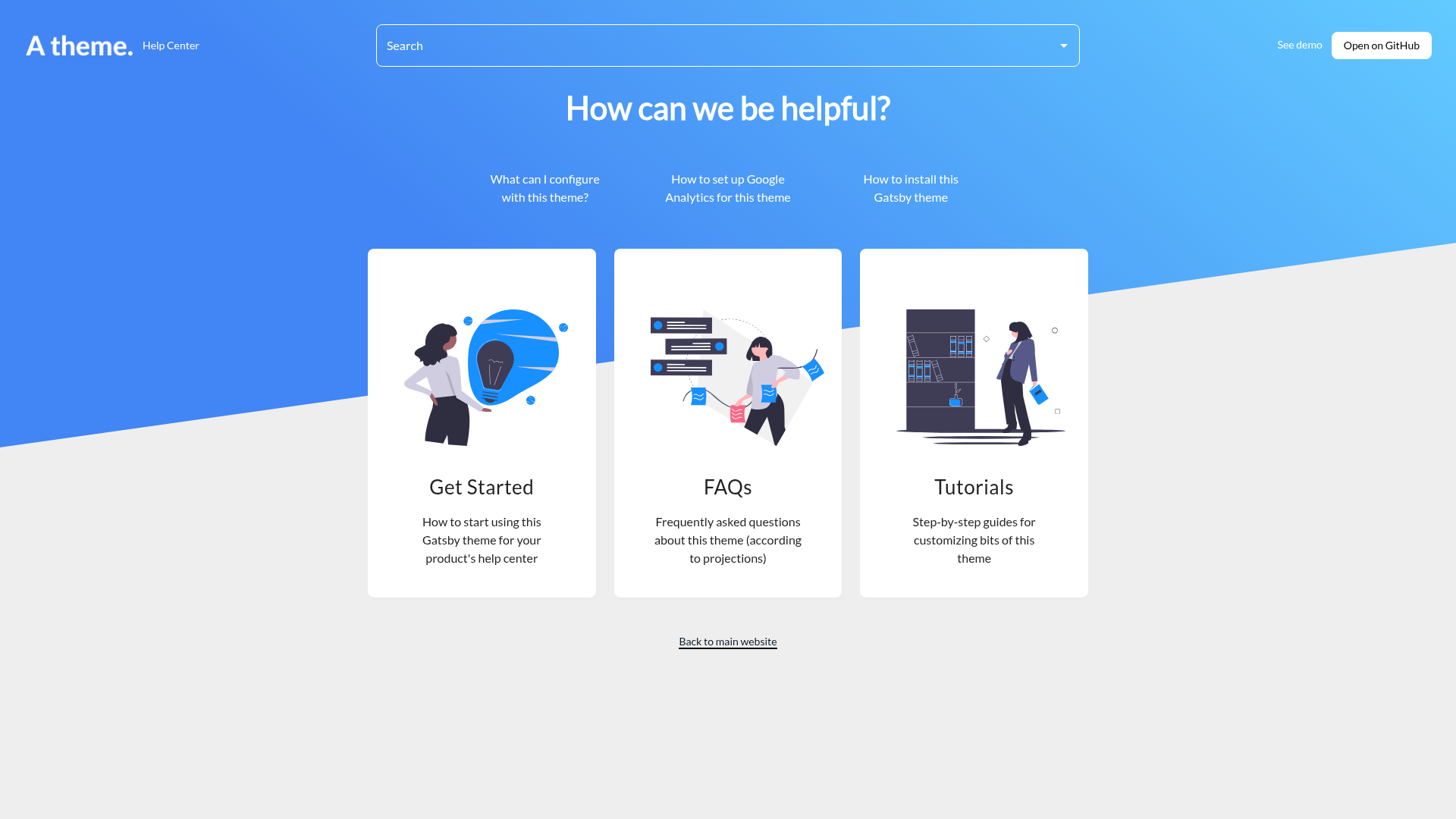 screenshot of Gatsby Theme Help Center on template0.com