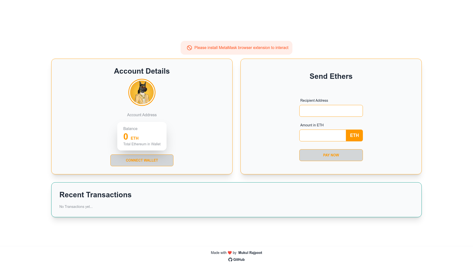 screenshot of Eth Transfer Dapp on template0.com