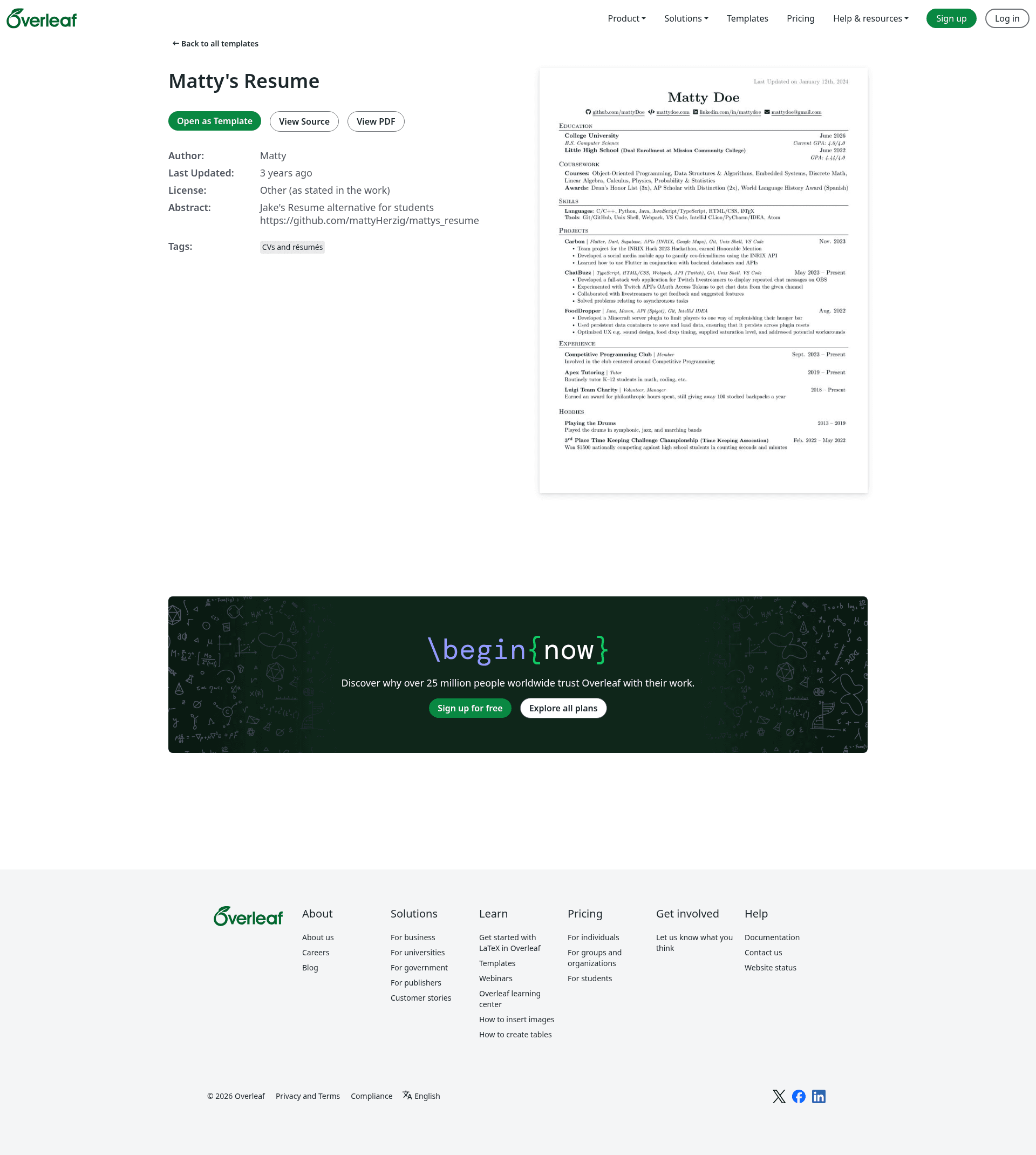 screenshot of Matty's Resume on template0.com