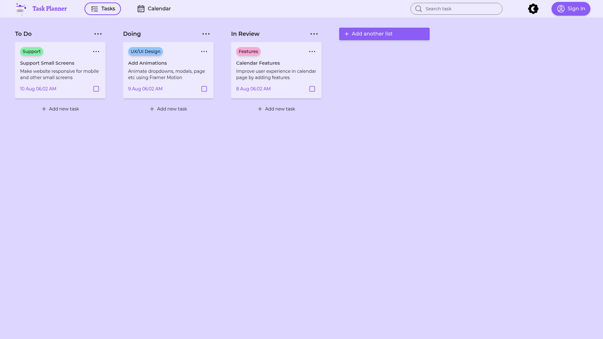 screenshot of Task Planner on template0.com