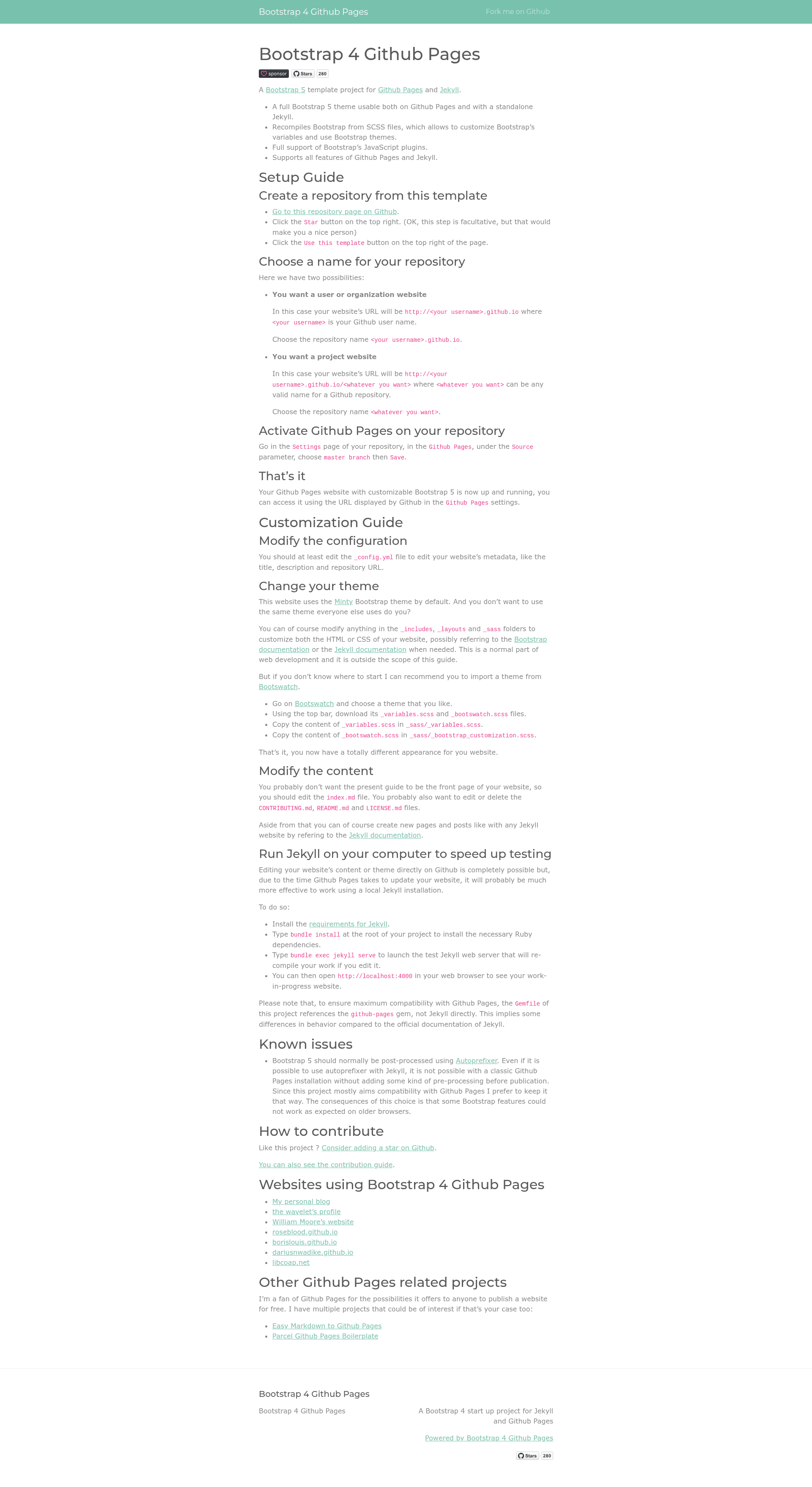 screenshot of Bootstrap 4 Github Pages on template0.com