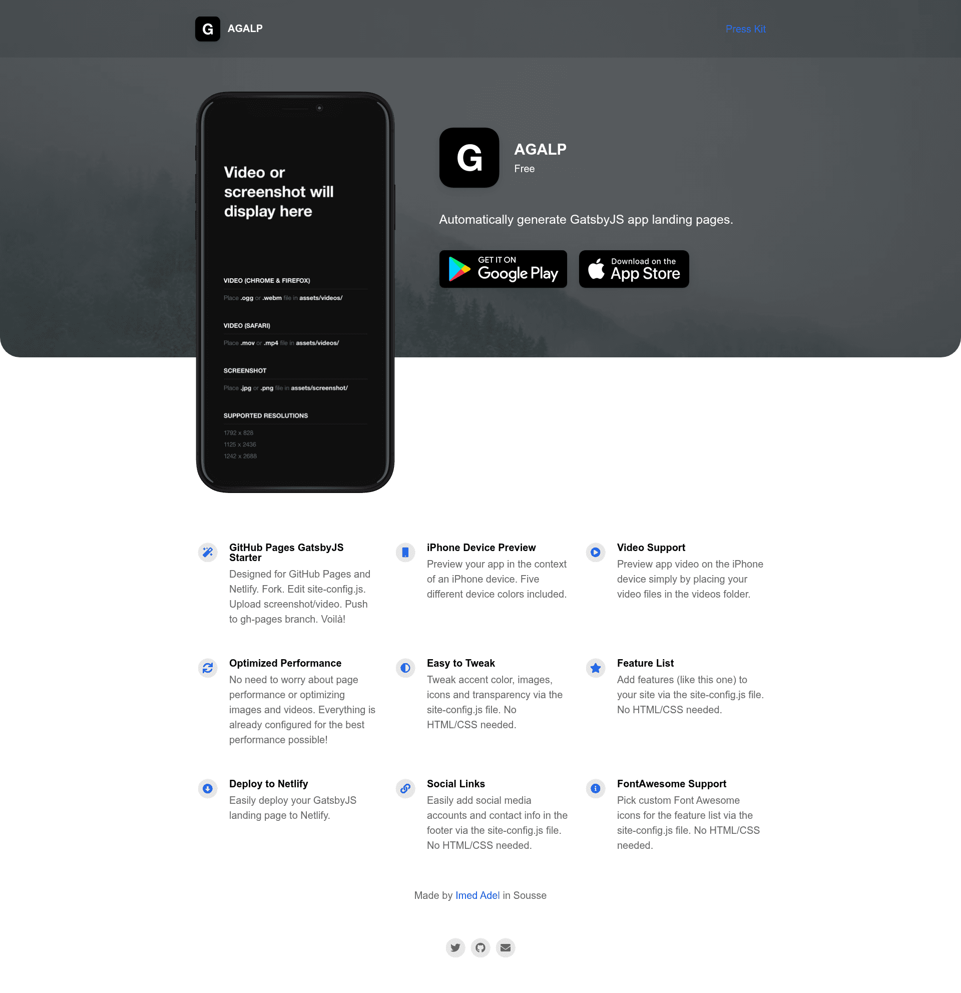 screenshot of Automatic GatsbyJS App Landing Page on template0.com