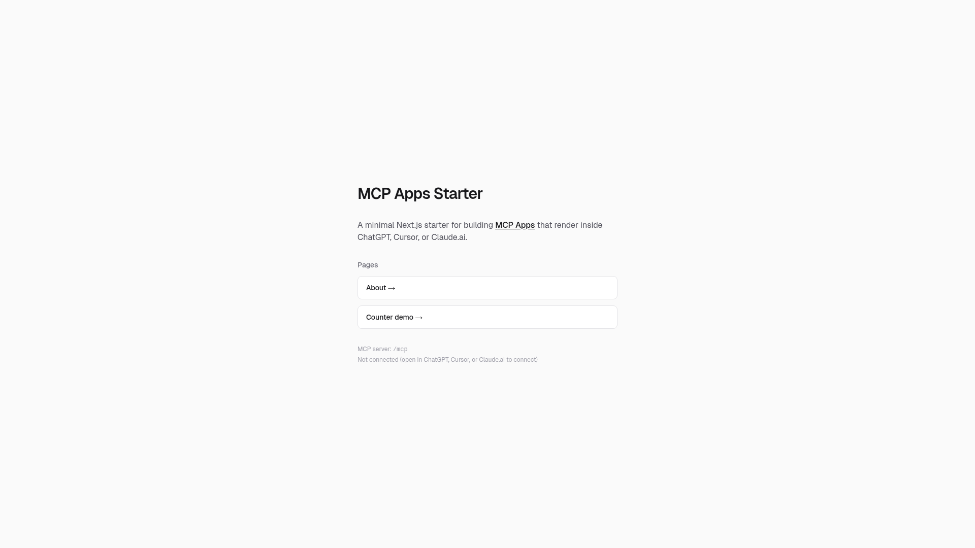 screenshot of MCP Apps Next.js Starter on template0.com