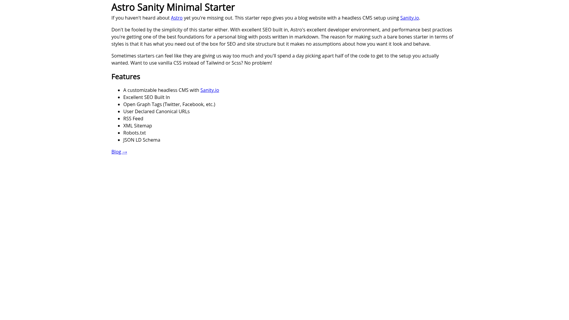 screenshot of Astro Sanity Minimal Starter on template0.com