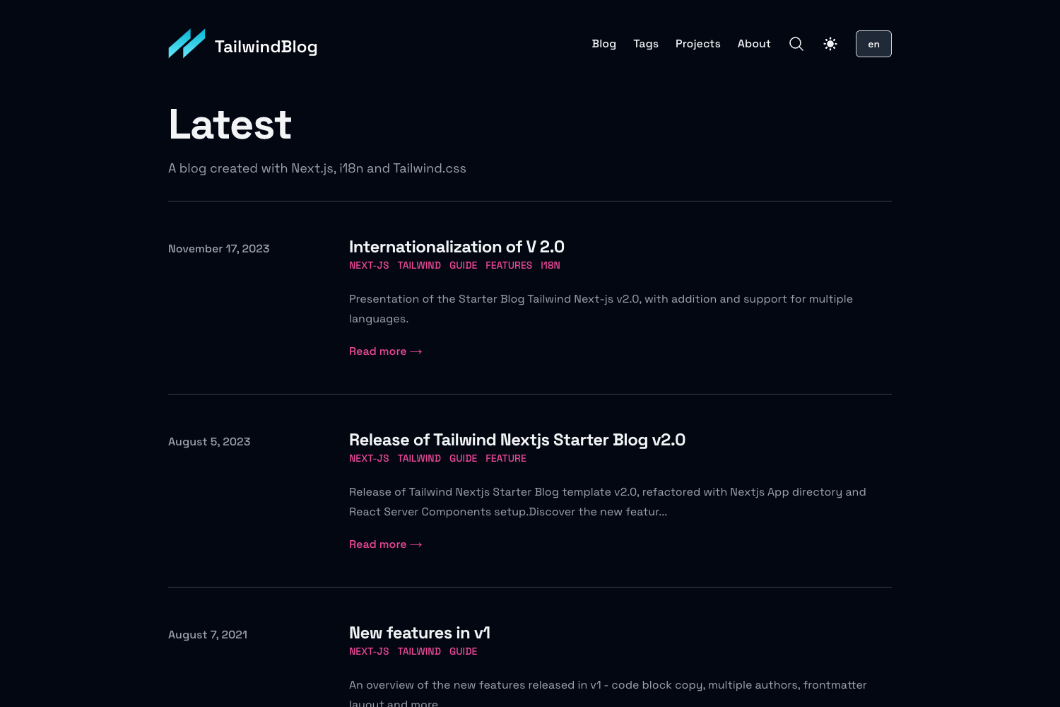 Tailwind Nextjs Starter Blog I18n preview